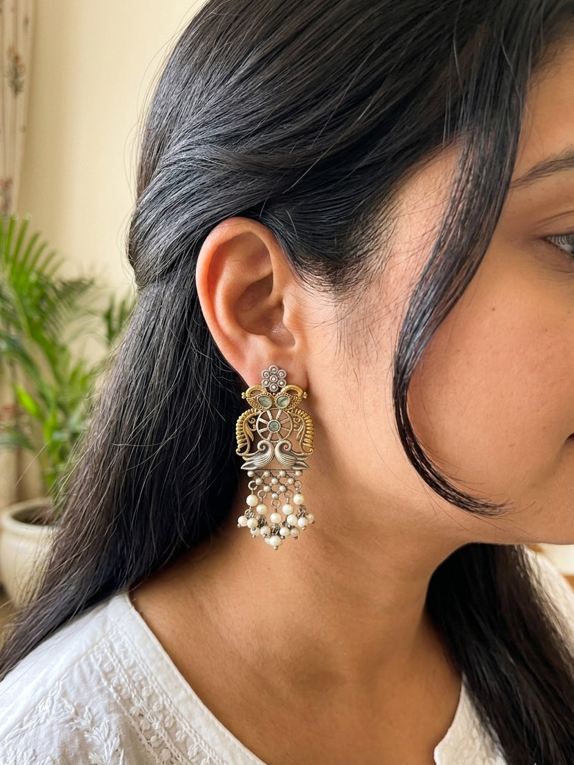 NIYATI - Dual Tone German Silver Earings with Green Stones & Pearl Drops