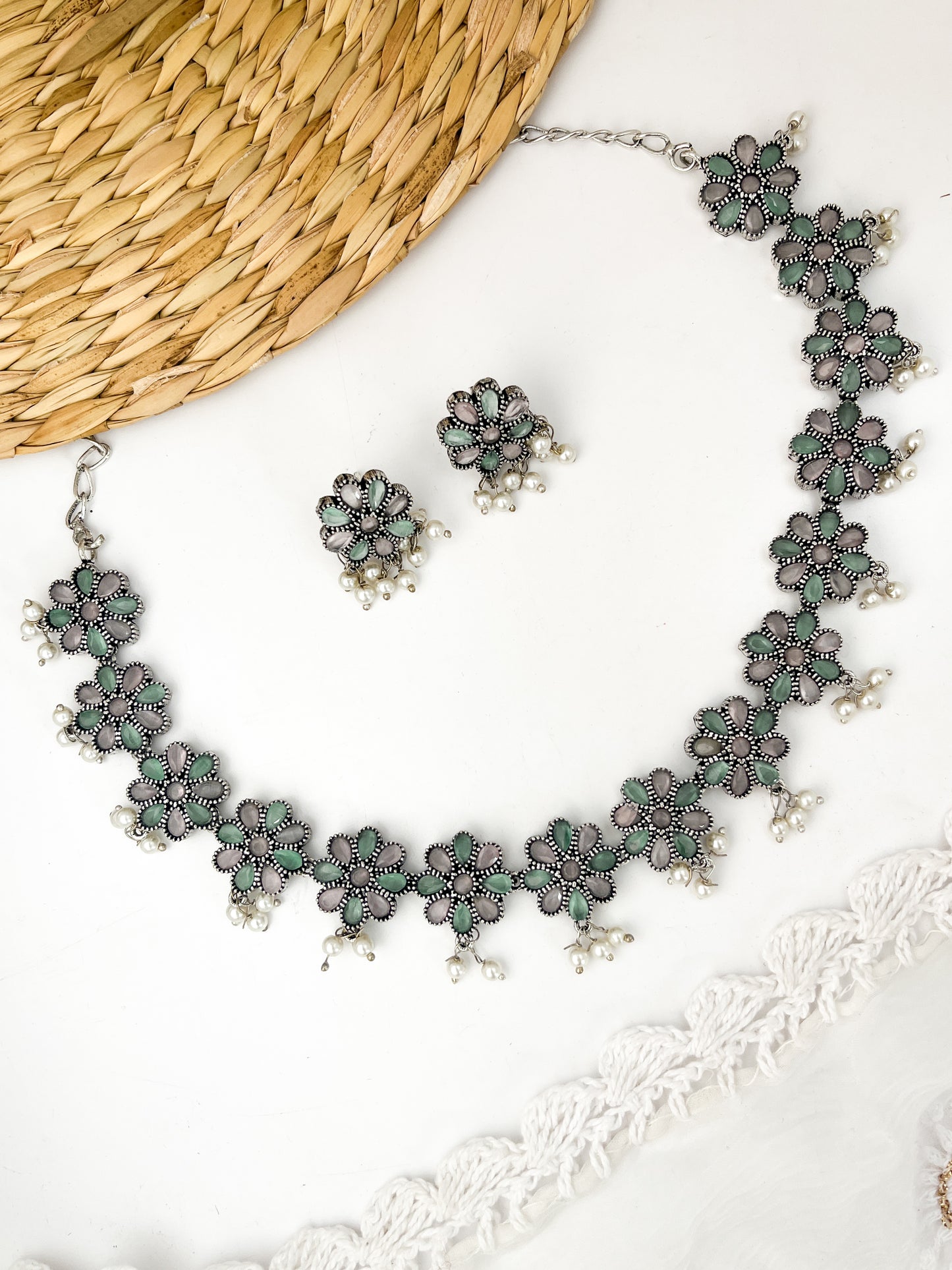 RAMYA - German Silver Flower Stud With Moti Neckpiece With Earrings Pastel