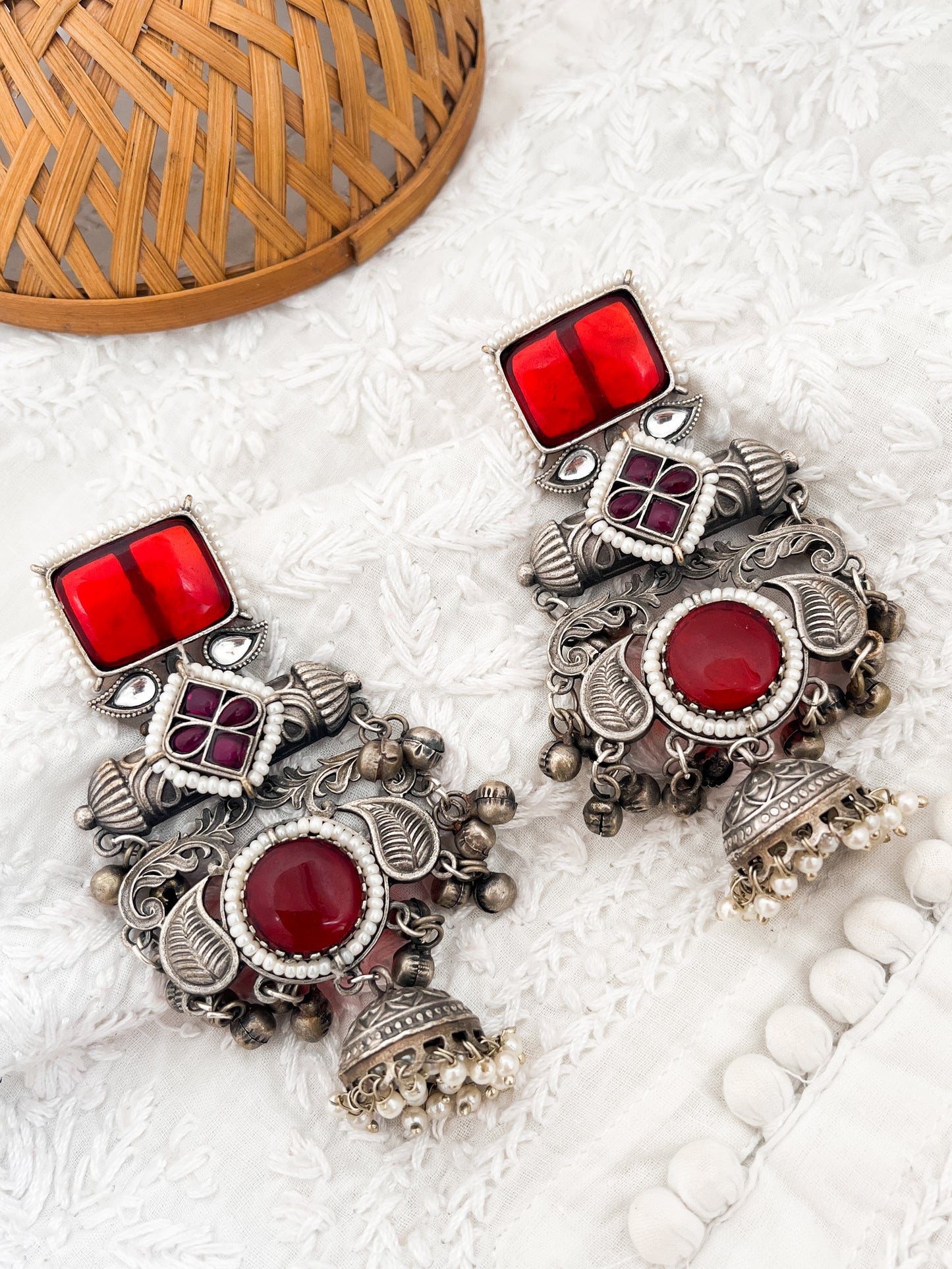 AARJU - kashmiri Silver Oxidised With Red And Pink Stone Dangler