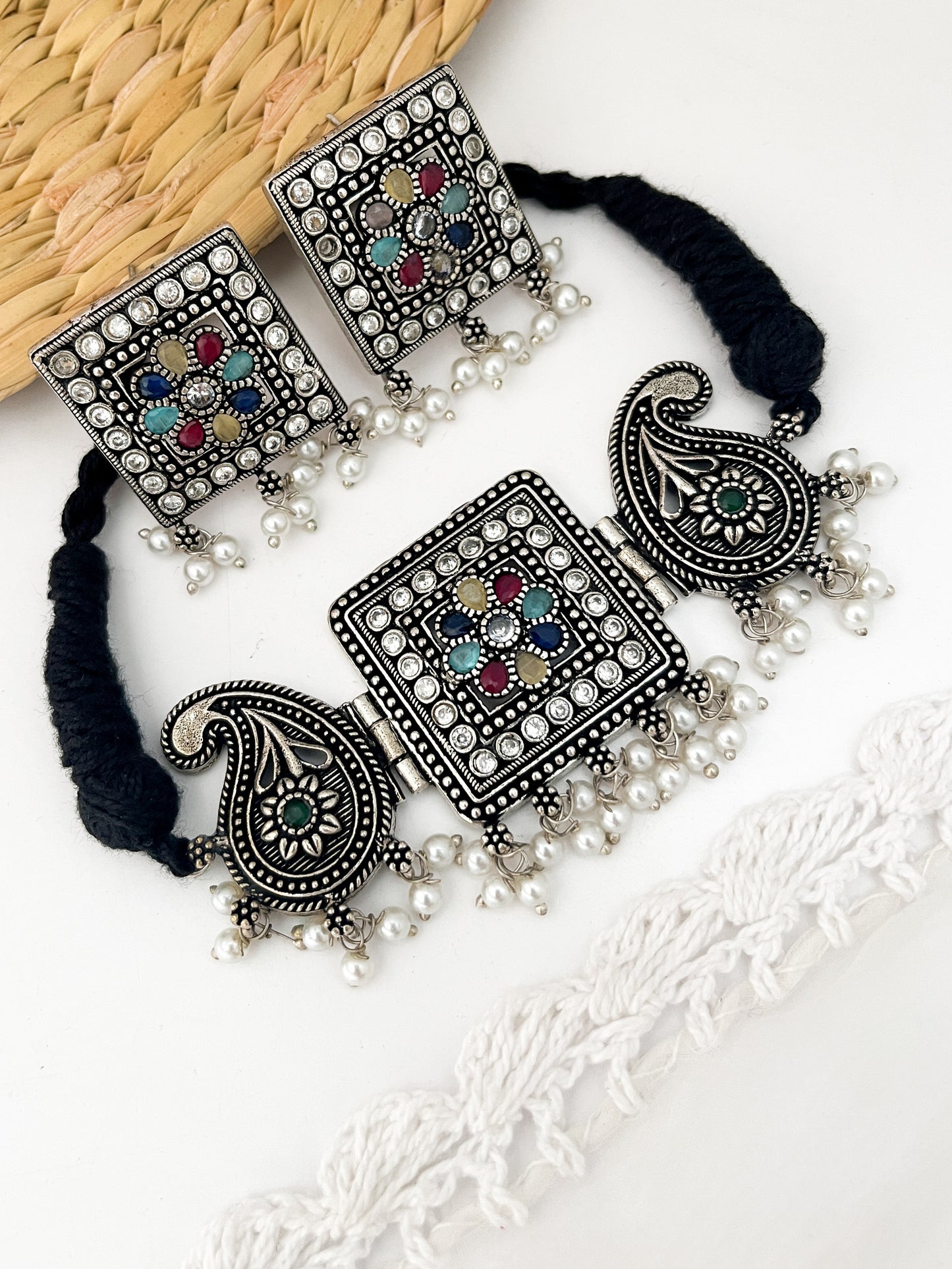 NANDINI- German Silver Chocker With Earrings Multi