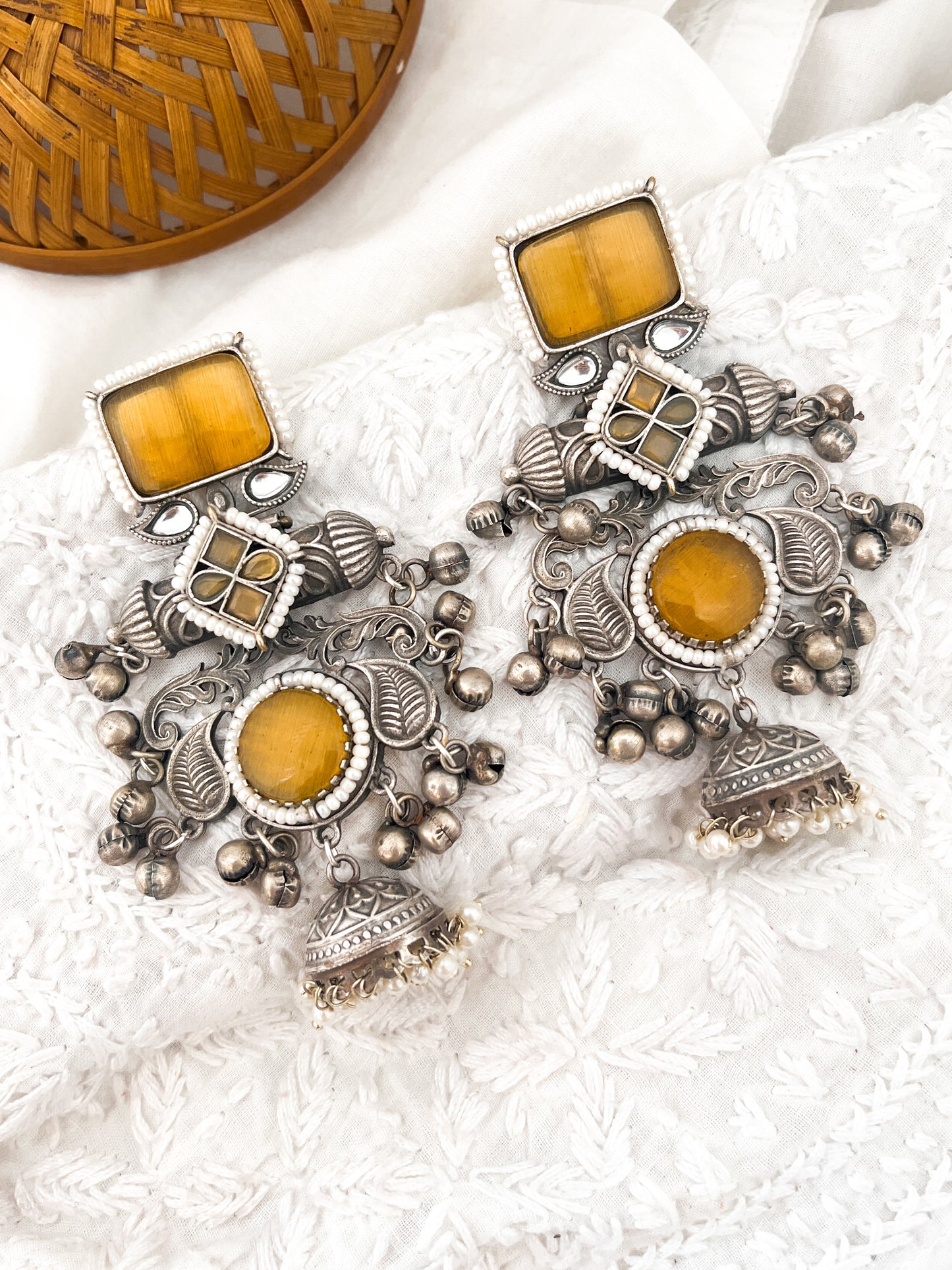 AARJU - kashmiri Silver Oxidised With Yellow Stone Dangler