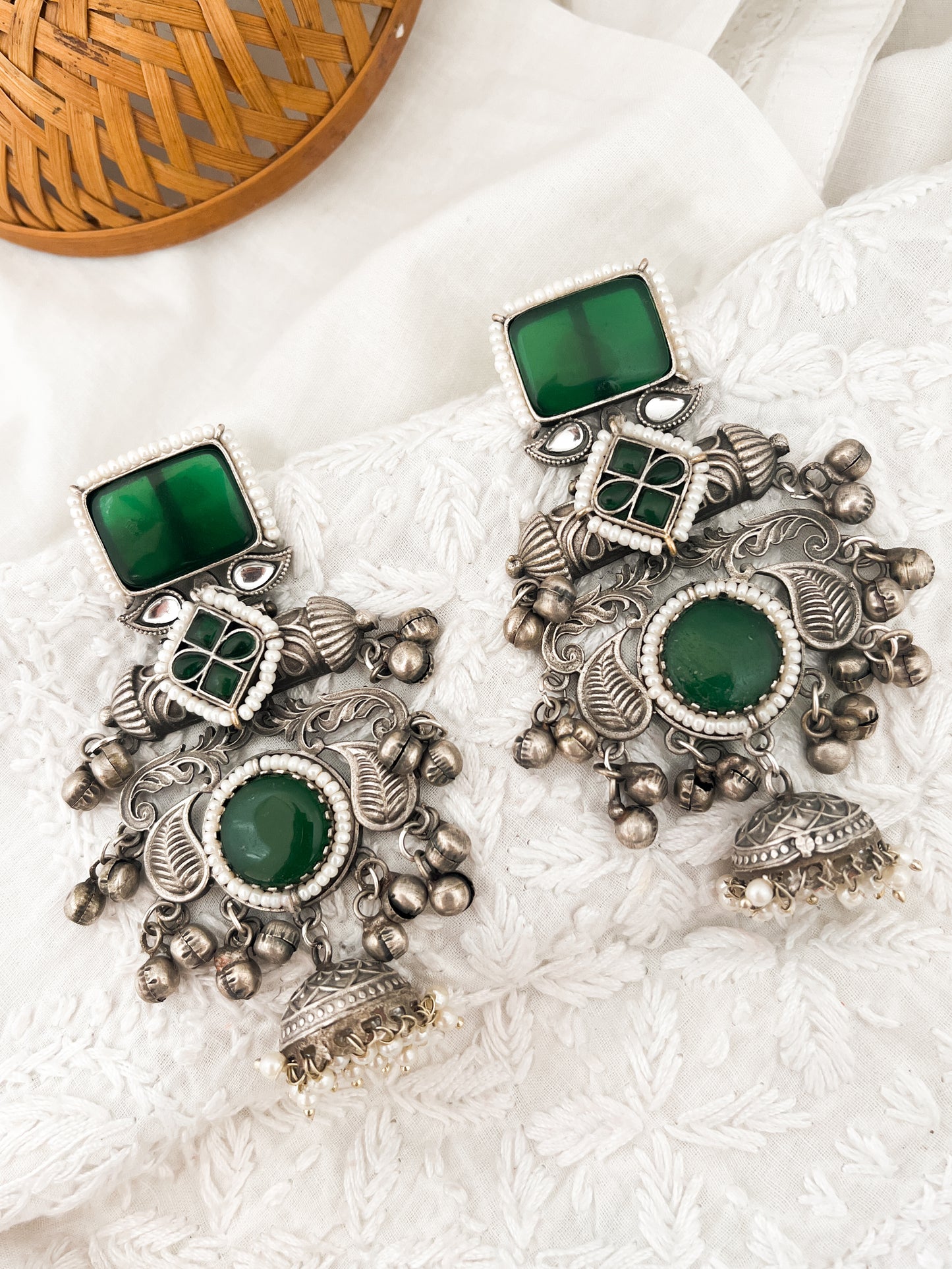AARJU - kashmiri Silver Oxidised With Green Stone Dangler