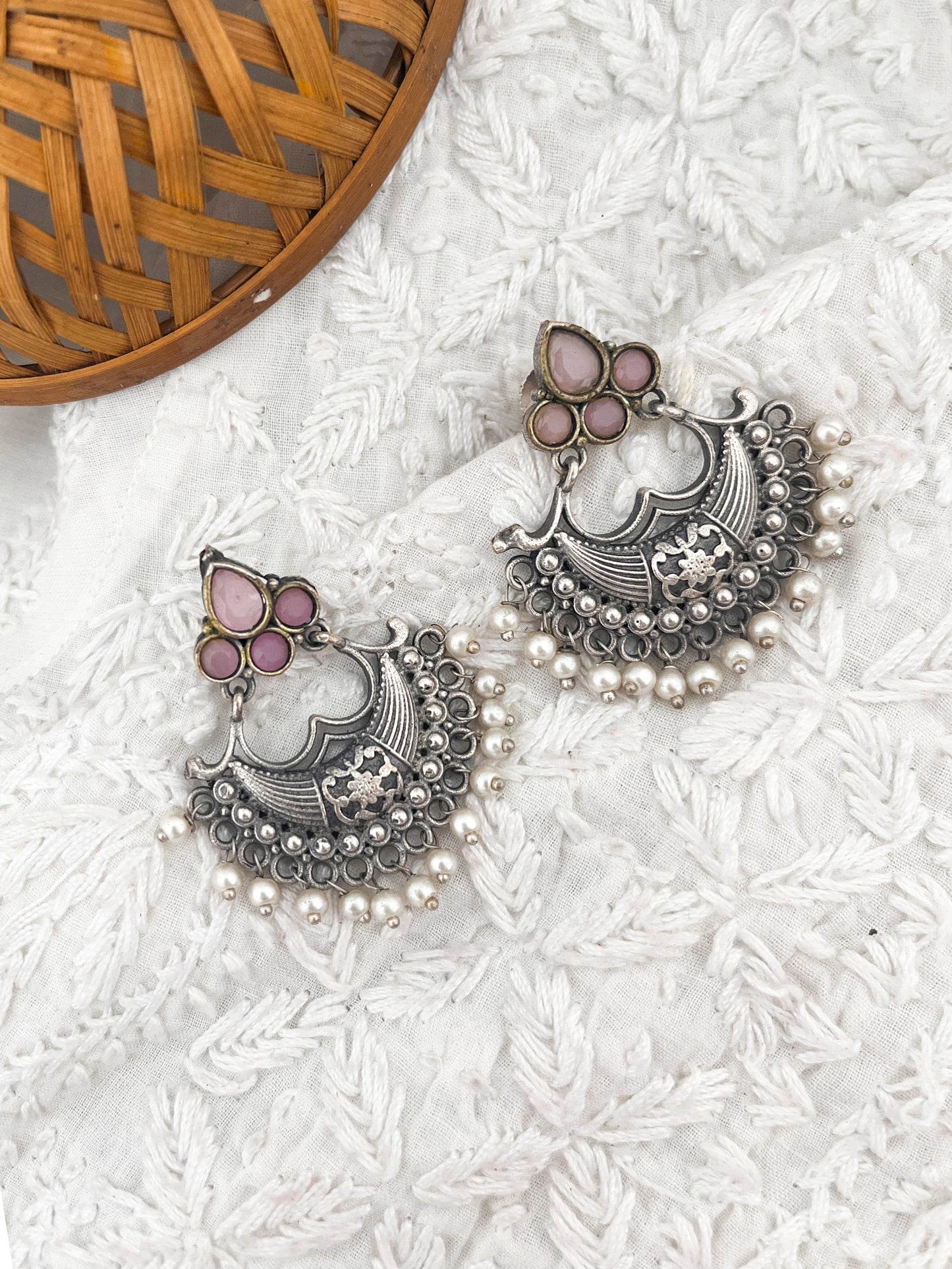 GORAL - Silver Oxidised Danglers Pink Stone