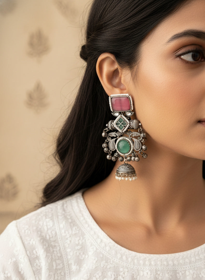 AARJU - kashmiri Silver Oxidised With Pink And Sea Green Stone Dangler