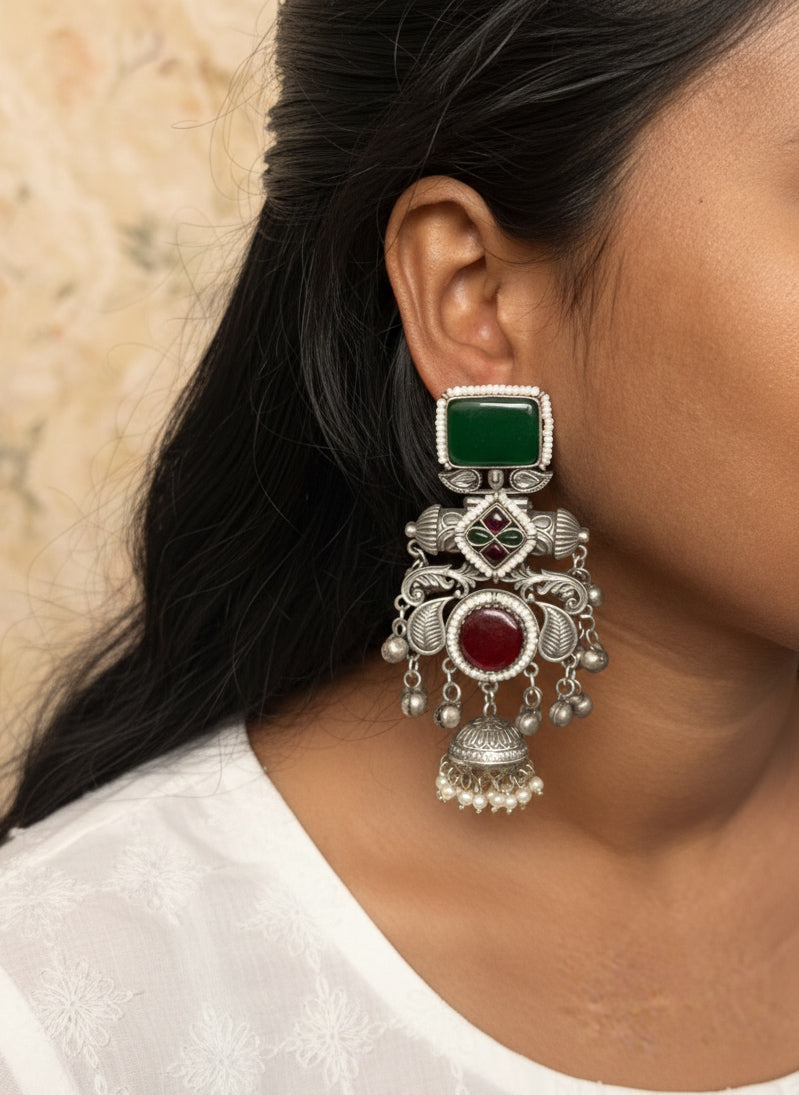 AARJU - kashmiri Silver Oxidised With Green And Red Stone Dangler
