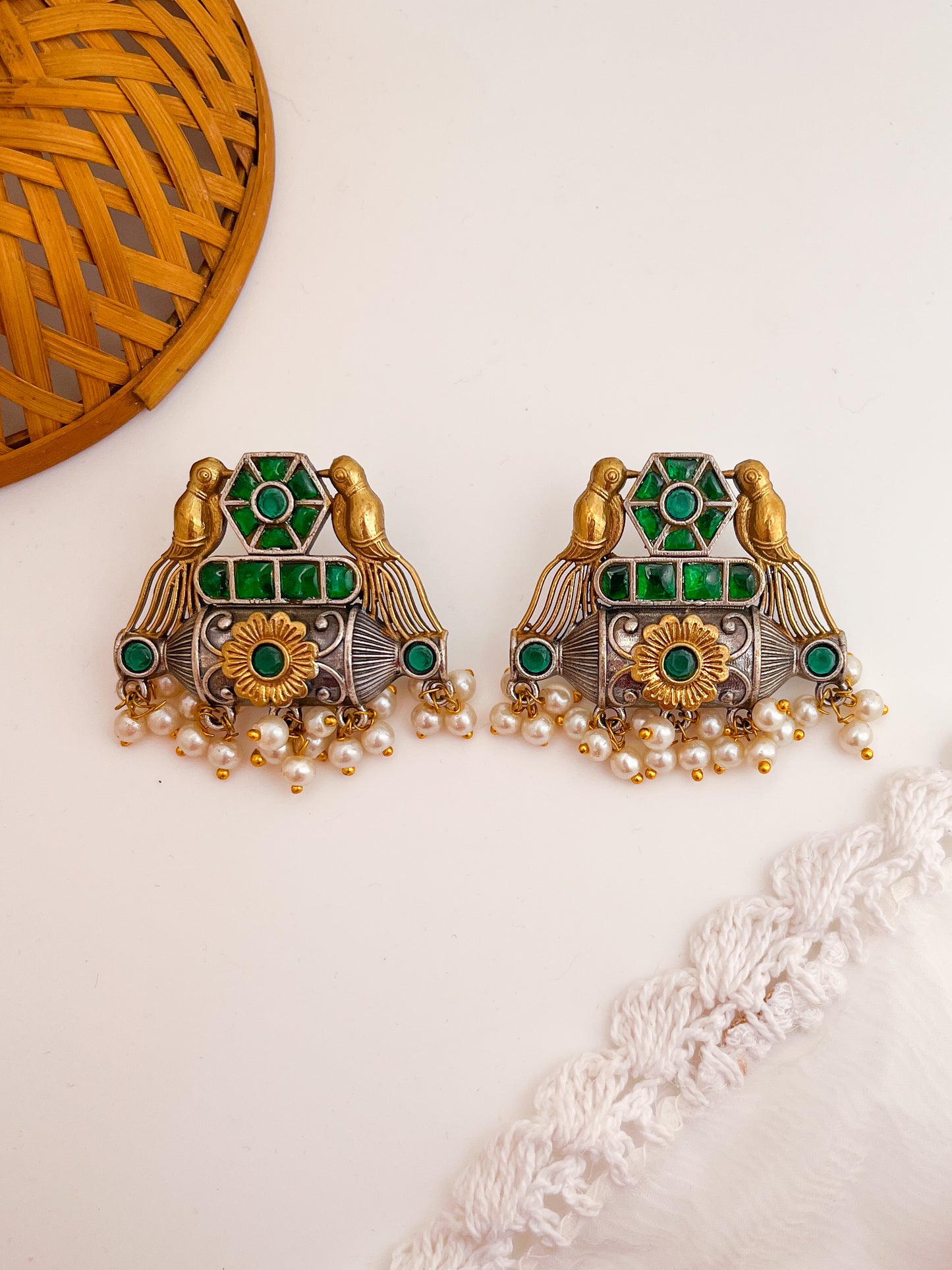 Mehreen -Dual Tone Green Stone German Sliver Earrings