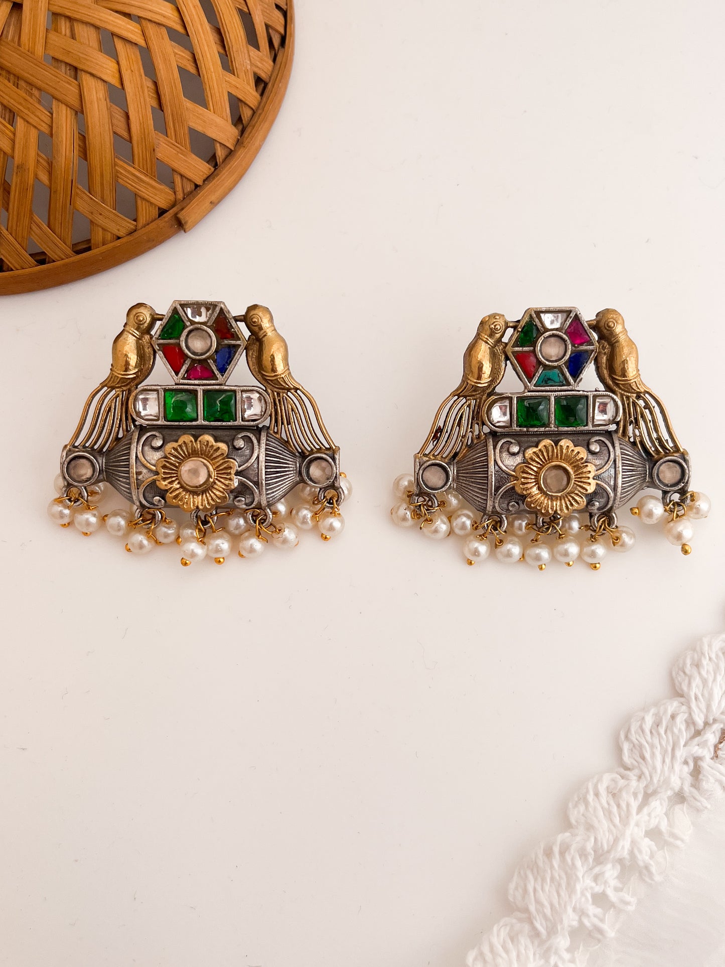 Mehreen -Dual Tone Green And Red Stone German Sliver Earrings