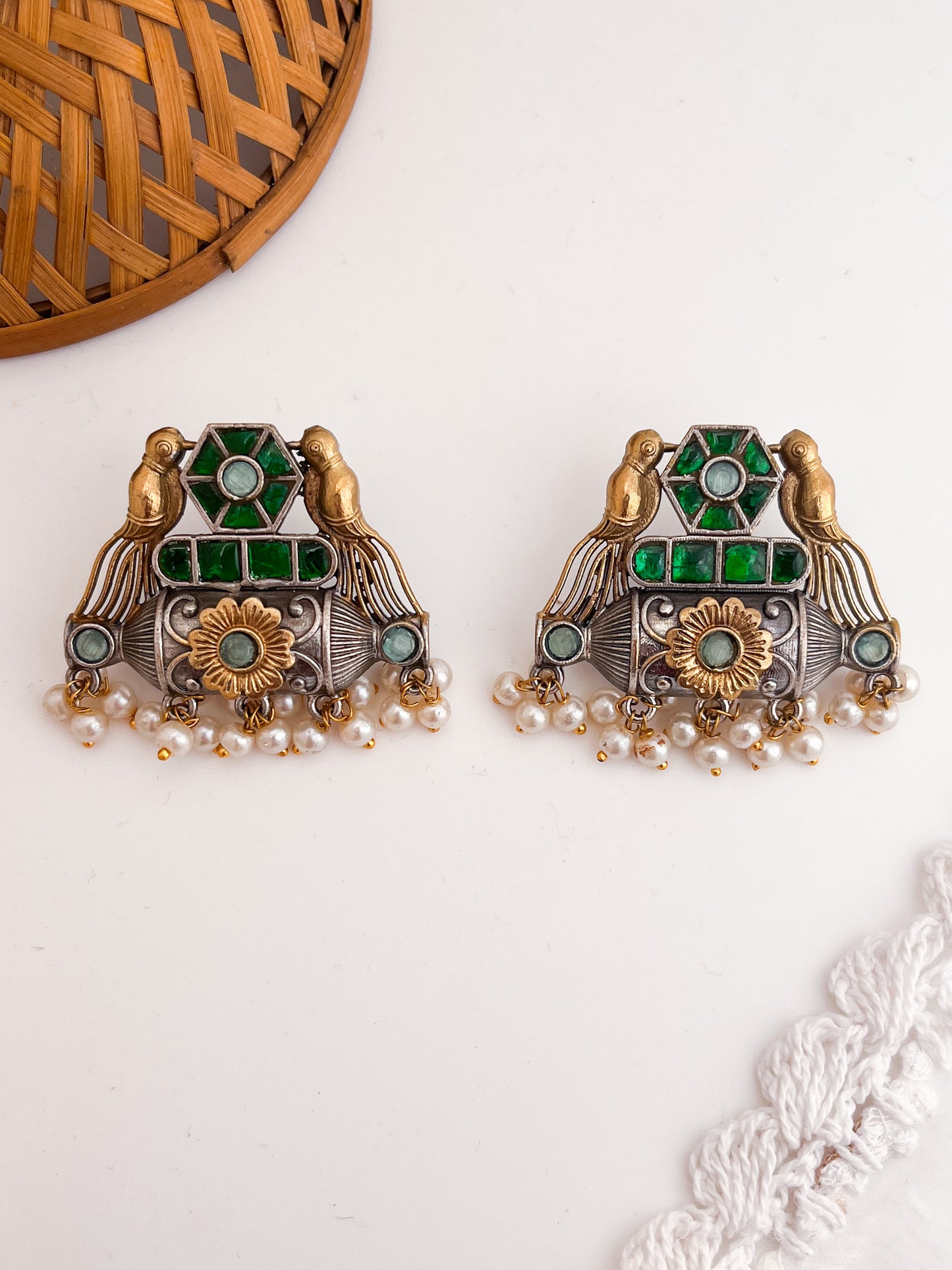 Mehreen -Dual Tone Green Stone German Sliver Earrings