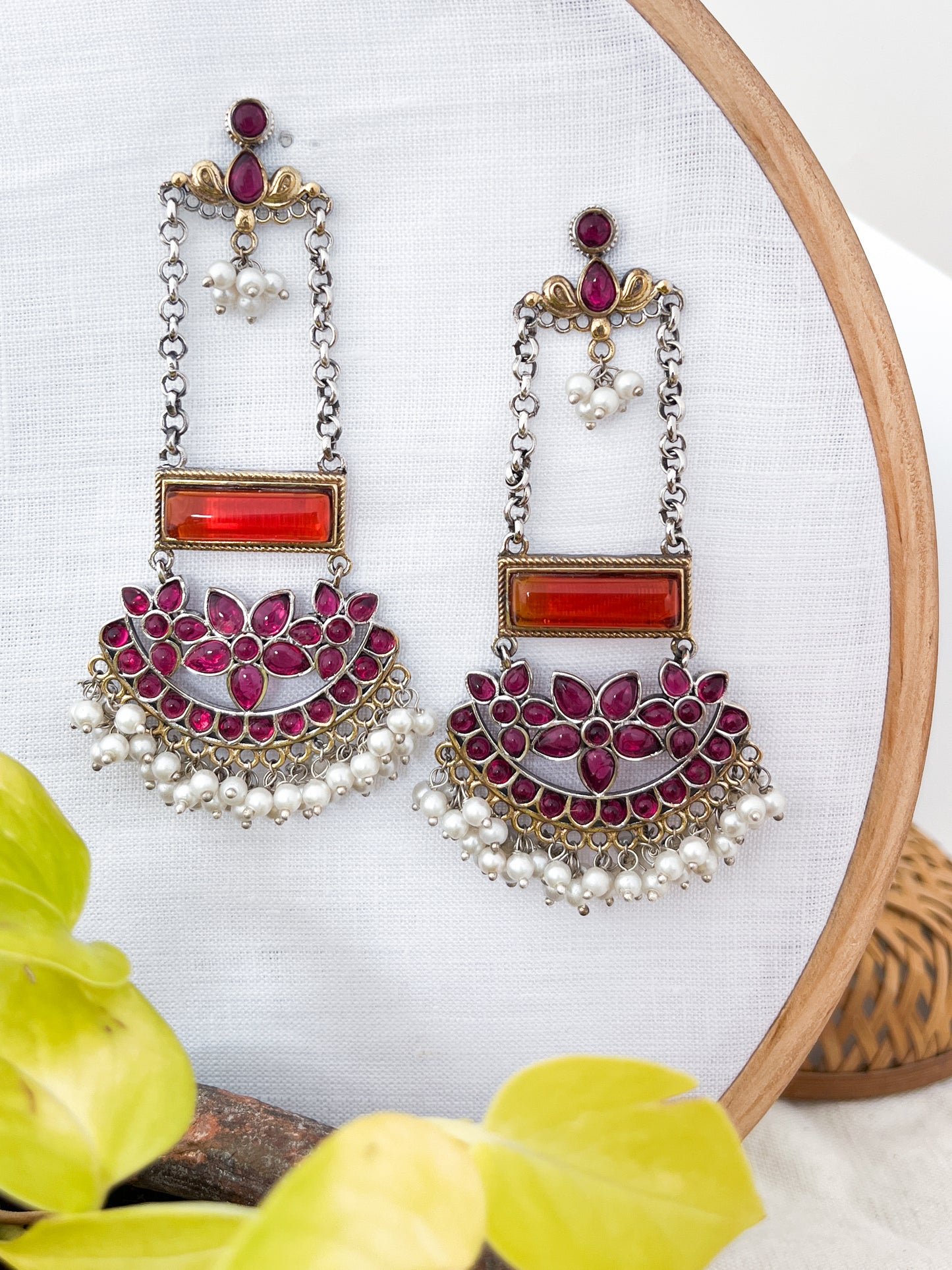 Tivara- Dual Tone German Silver Chandbali - Pink and Rust Stones