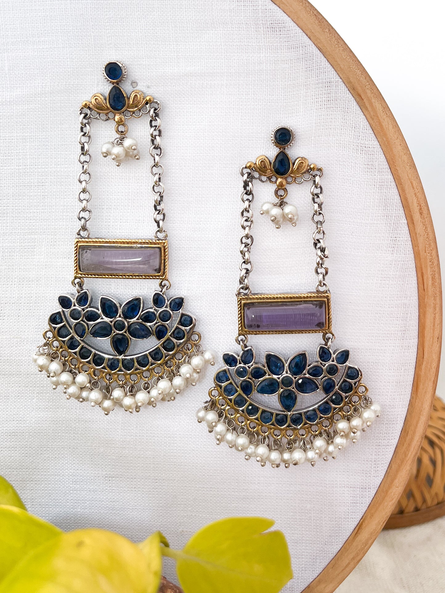 Tivara- Dual Tone German Silver Chandbali - Blue and lilac Stones