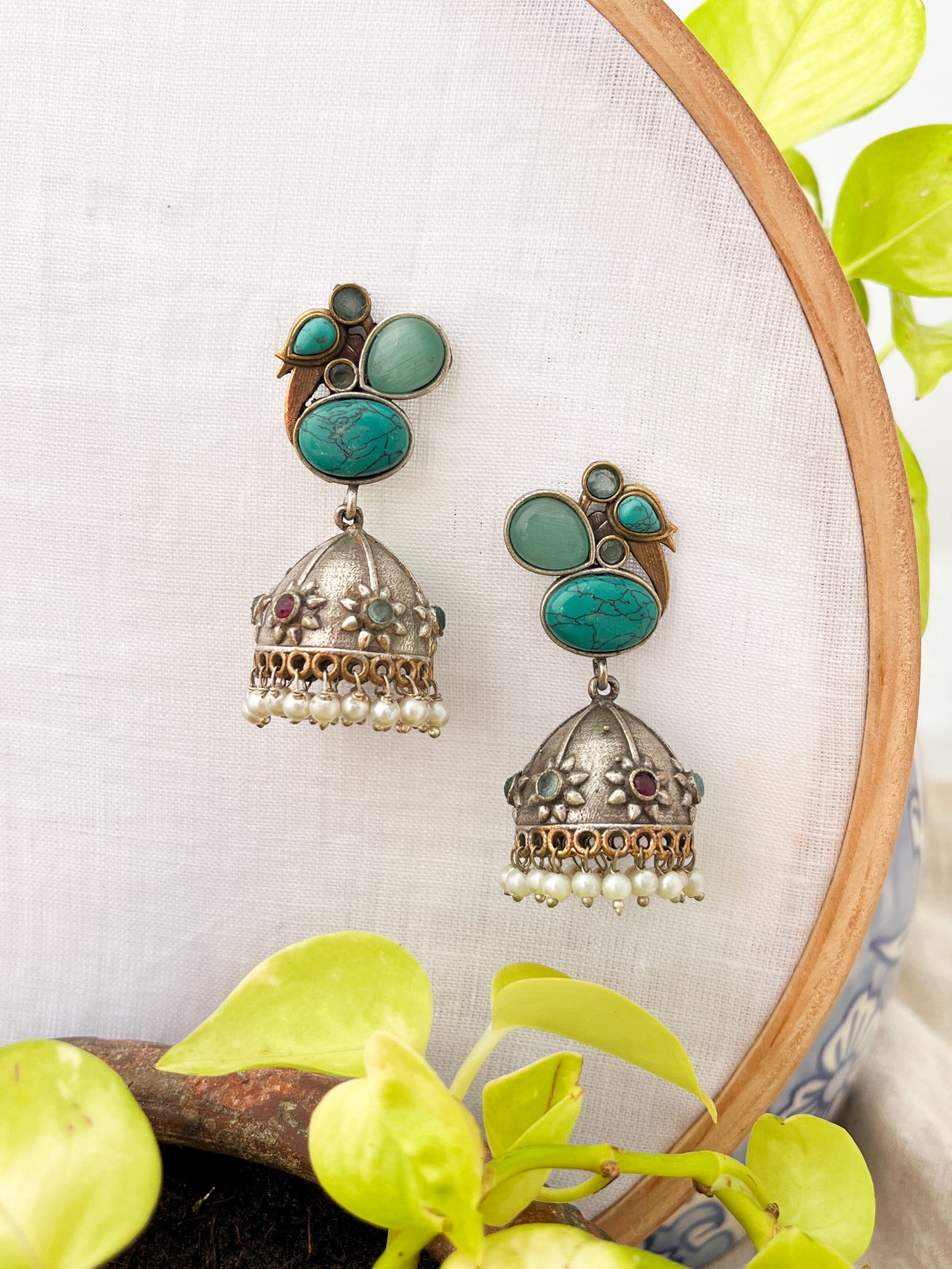 MEHER- Dual Tone Oxidised Jhumka with Teal Green Stones & Pearl Drops