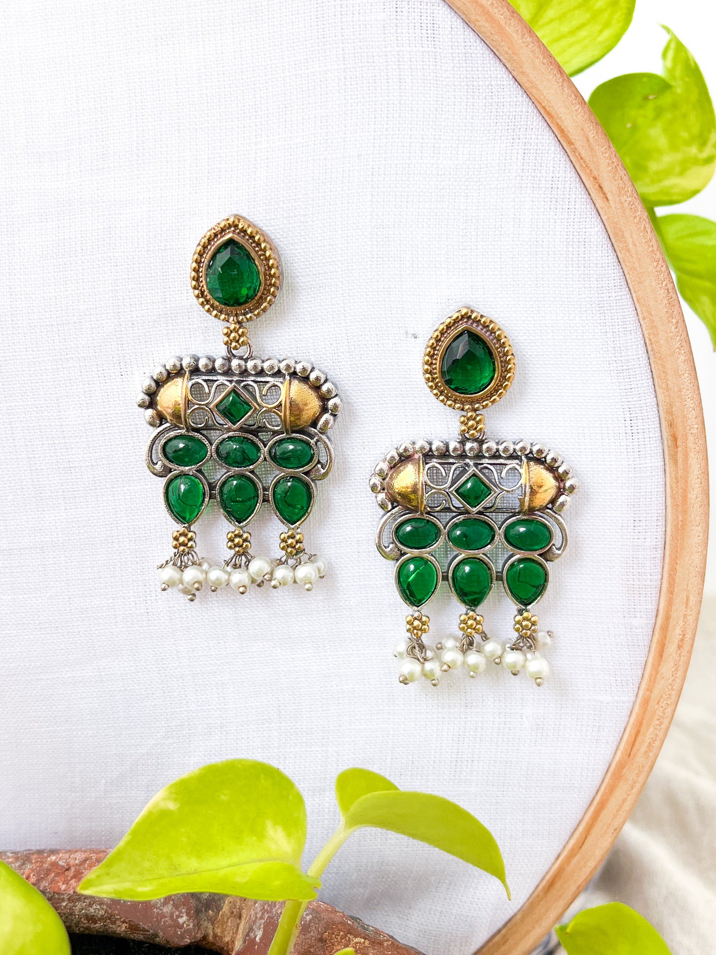 VIRANI- Dual Tone Silver Oxidised Earings with Green Stones & Pearl Drops
