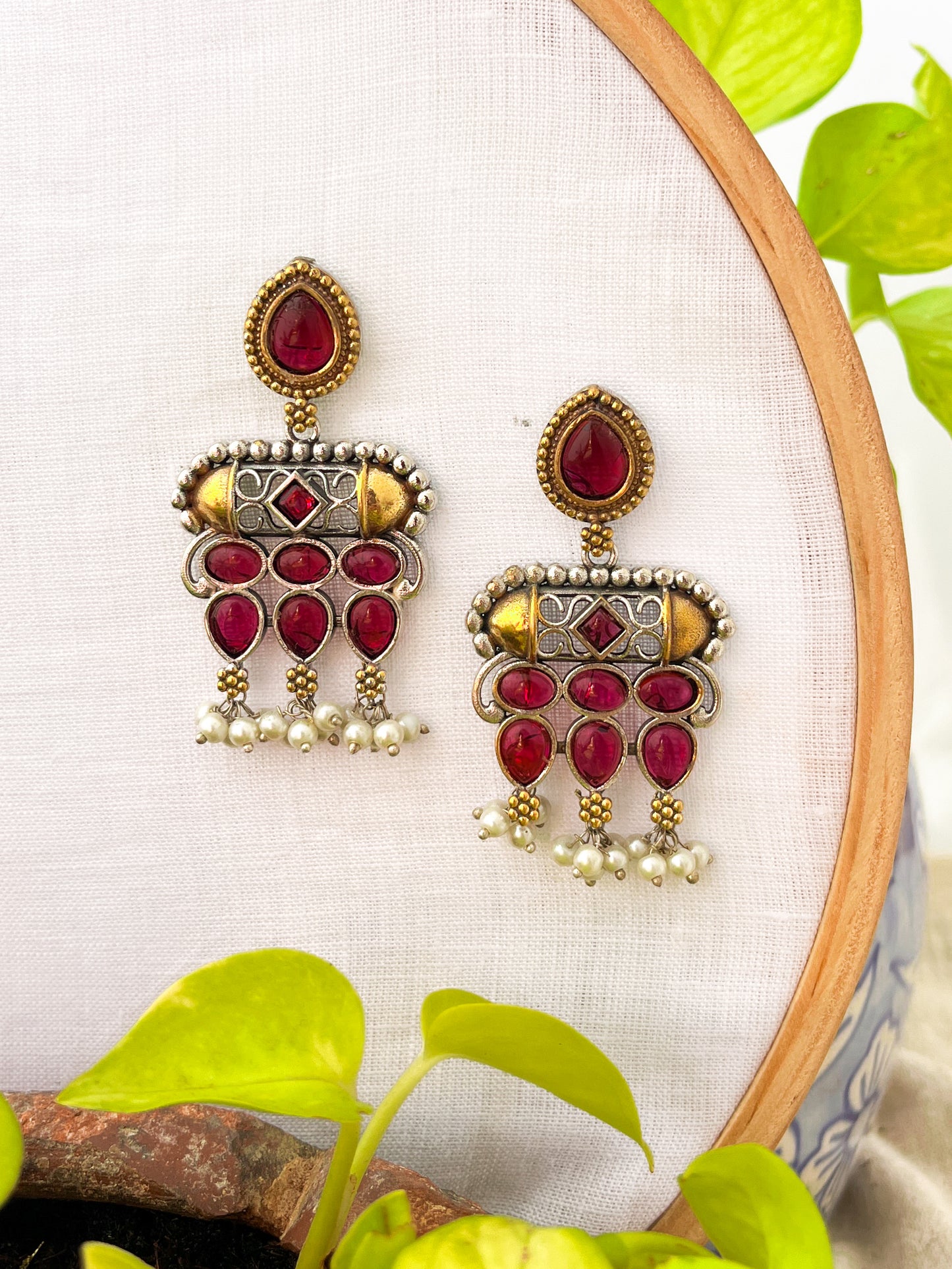 VIRANI- Dual Tone Silver Oxidised Earings with Pink Stones & Pearl Drops