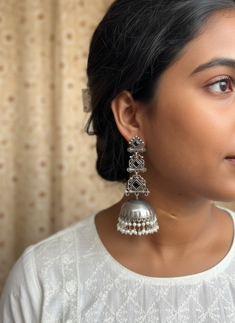 GAURI-Oxidised Long Jhumka Earing with Black Stones & Pearl Drops