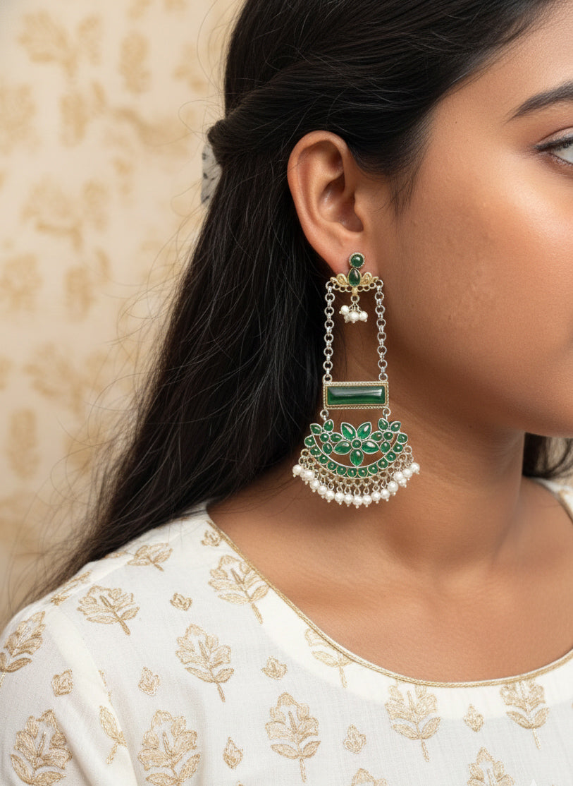 Tivara- Dual Tone German Silver Chandbali - Green Stones