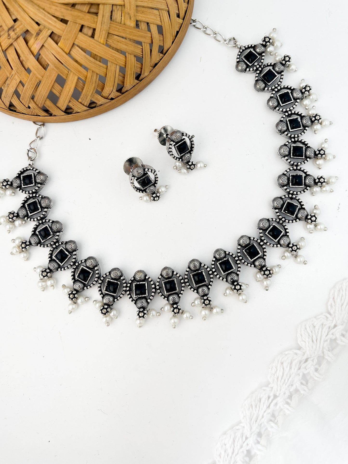 MADHURI- Brass Neckpiece With Black Monalisa Stones