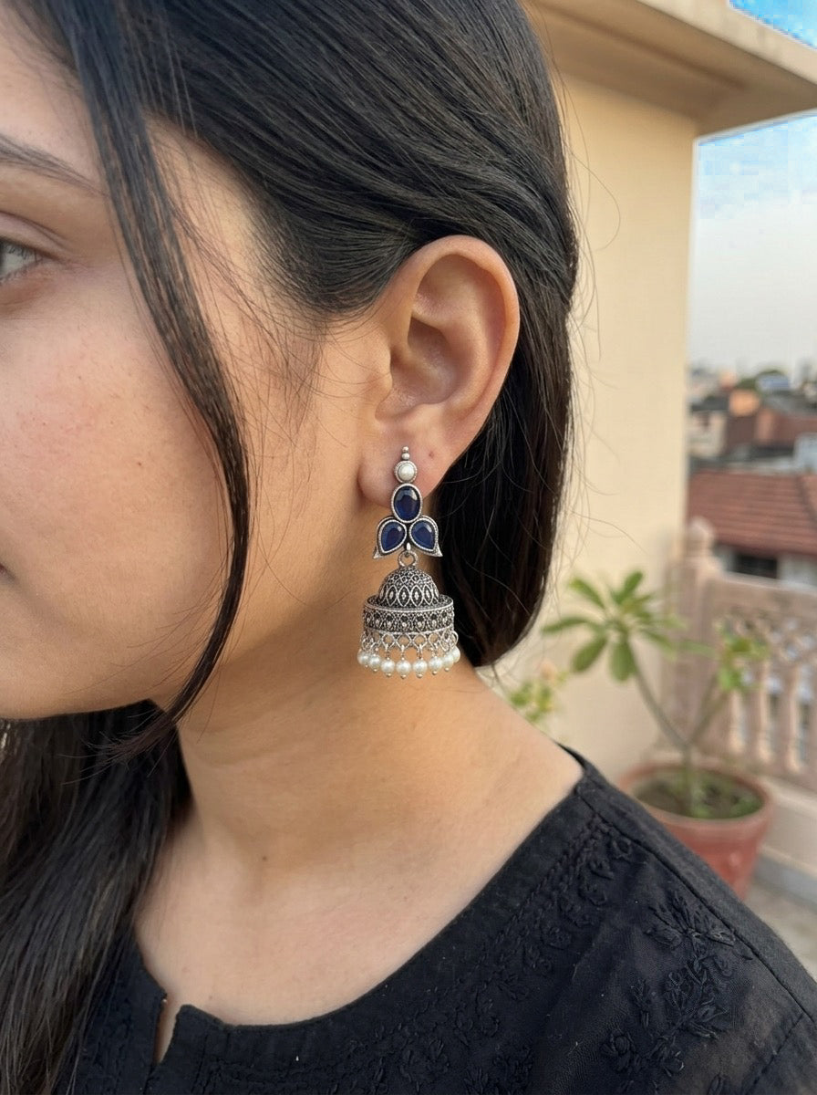 MANALI - Brass Jhumka With Monalisa Stones Blue