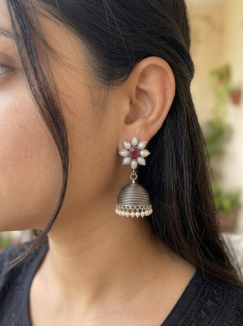 SIYA- Brass Jhumka With Monalisa Stones White