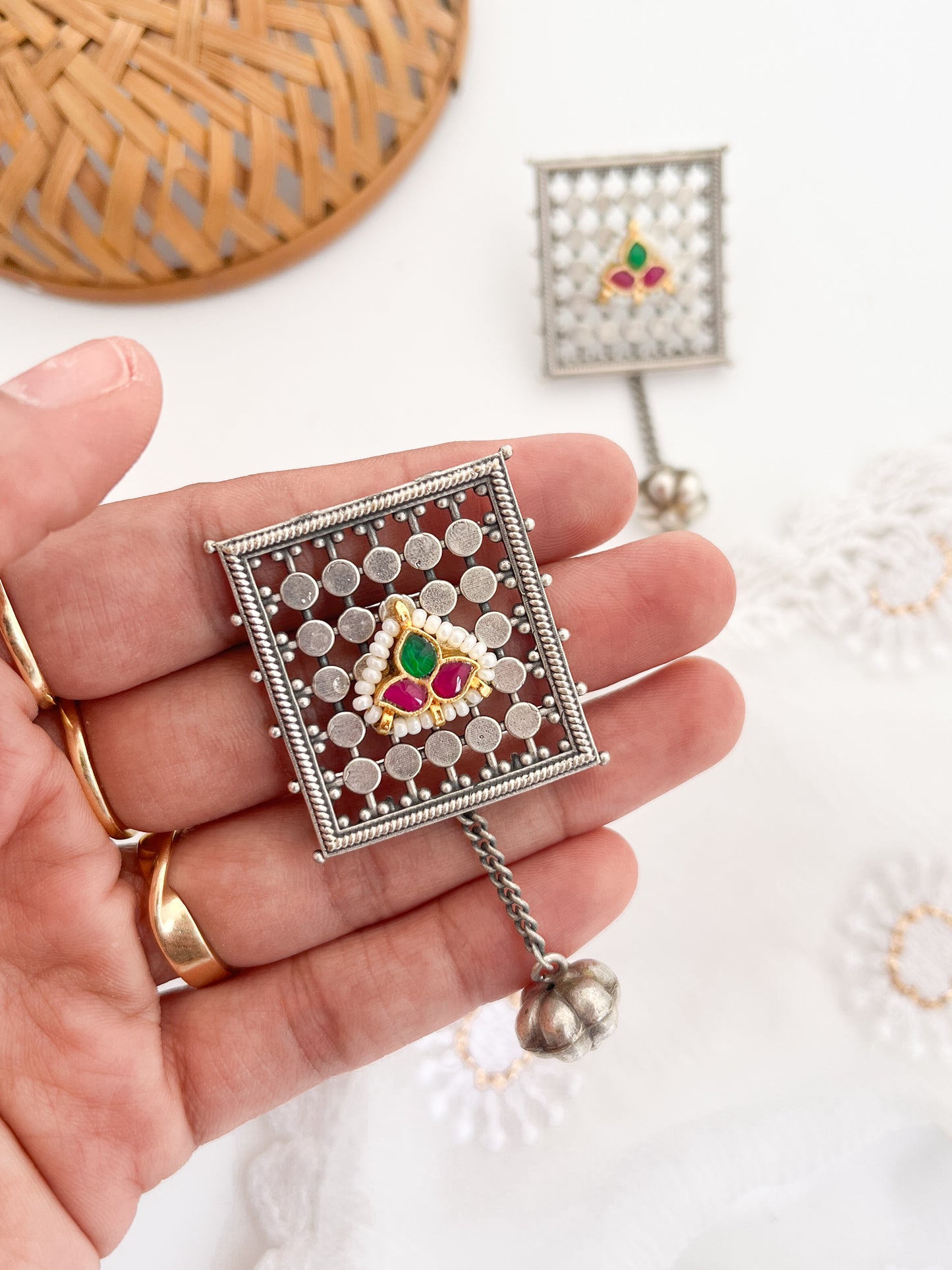 IRA- German Silver Square Studs With Kundan Work