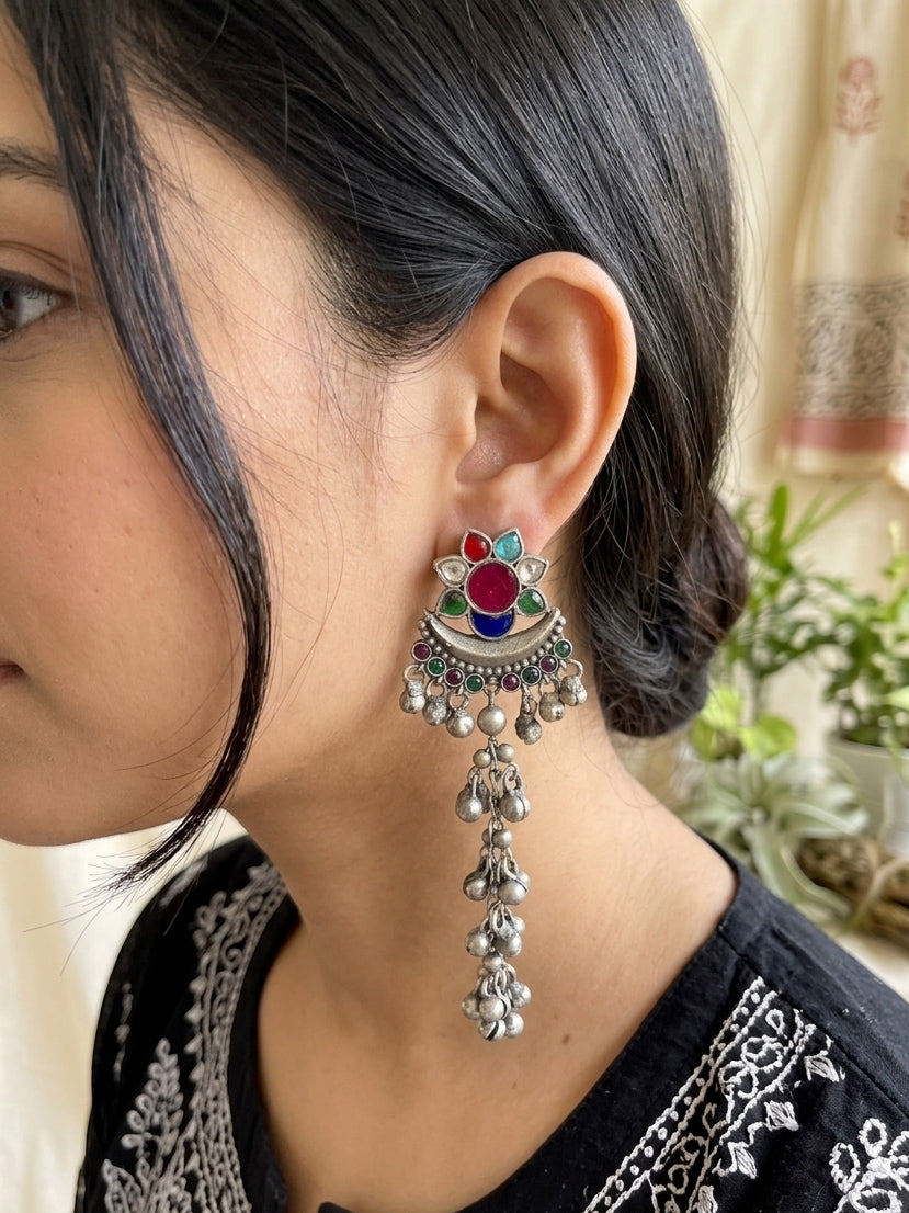 IRAVATI- German Silver Kashmiri Earrings With Ghungroo Pink Multi