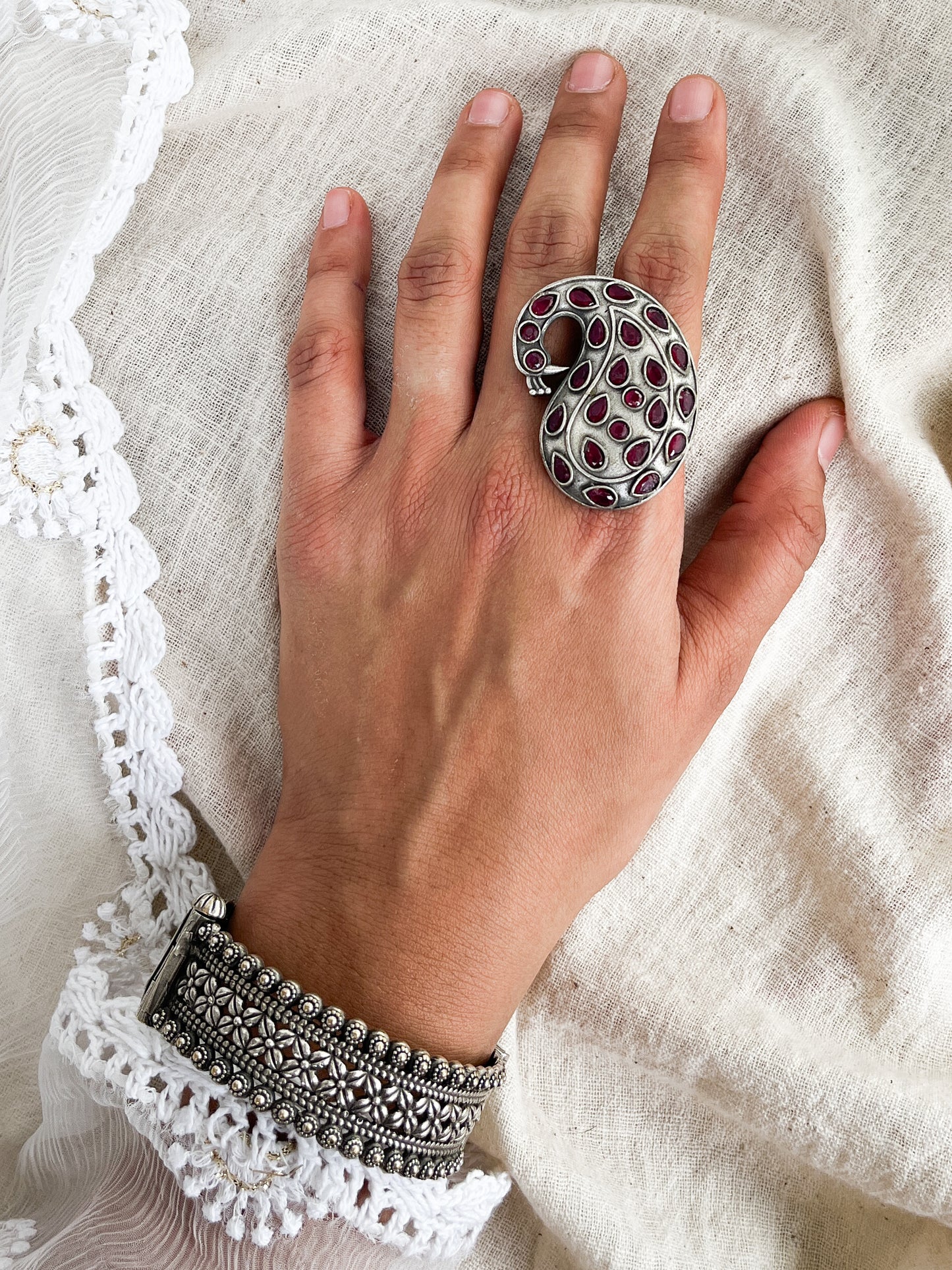 Kairi Morni Oxidised Silver Ring Maroon