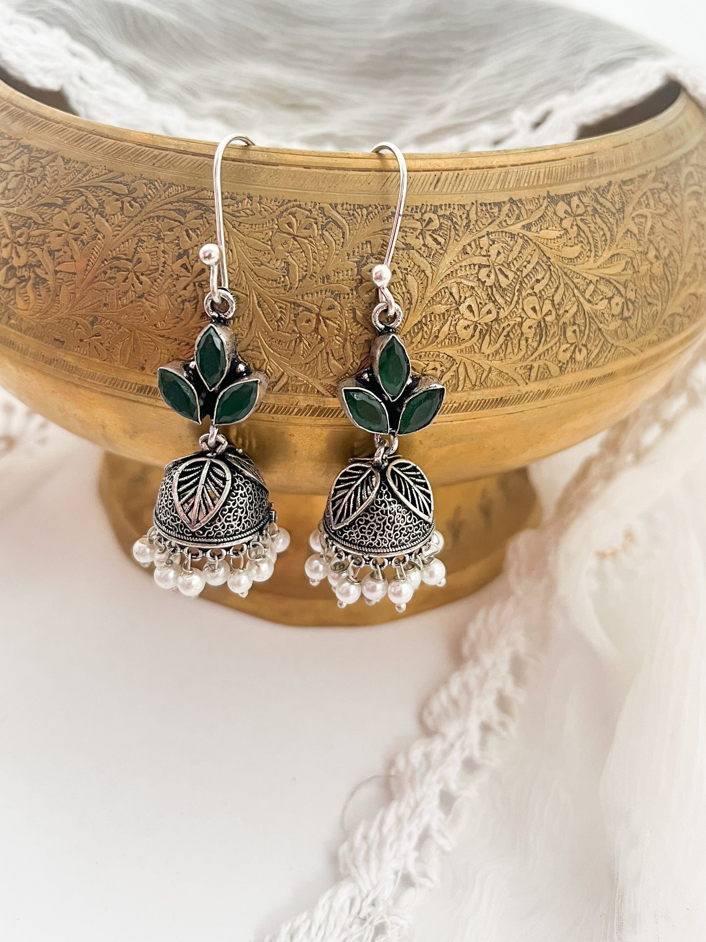 KANISHKA - Light Weight Brass Jhumka With Monalisa Stones Green