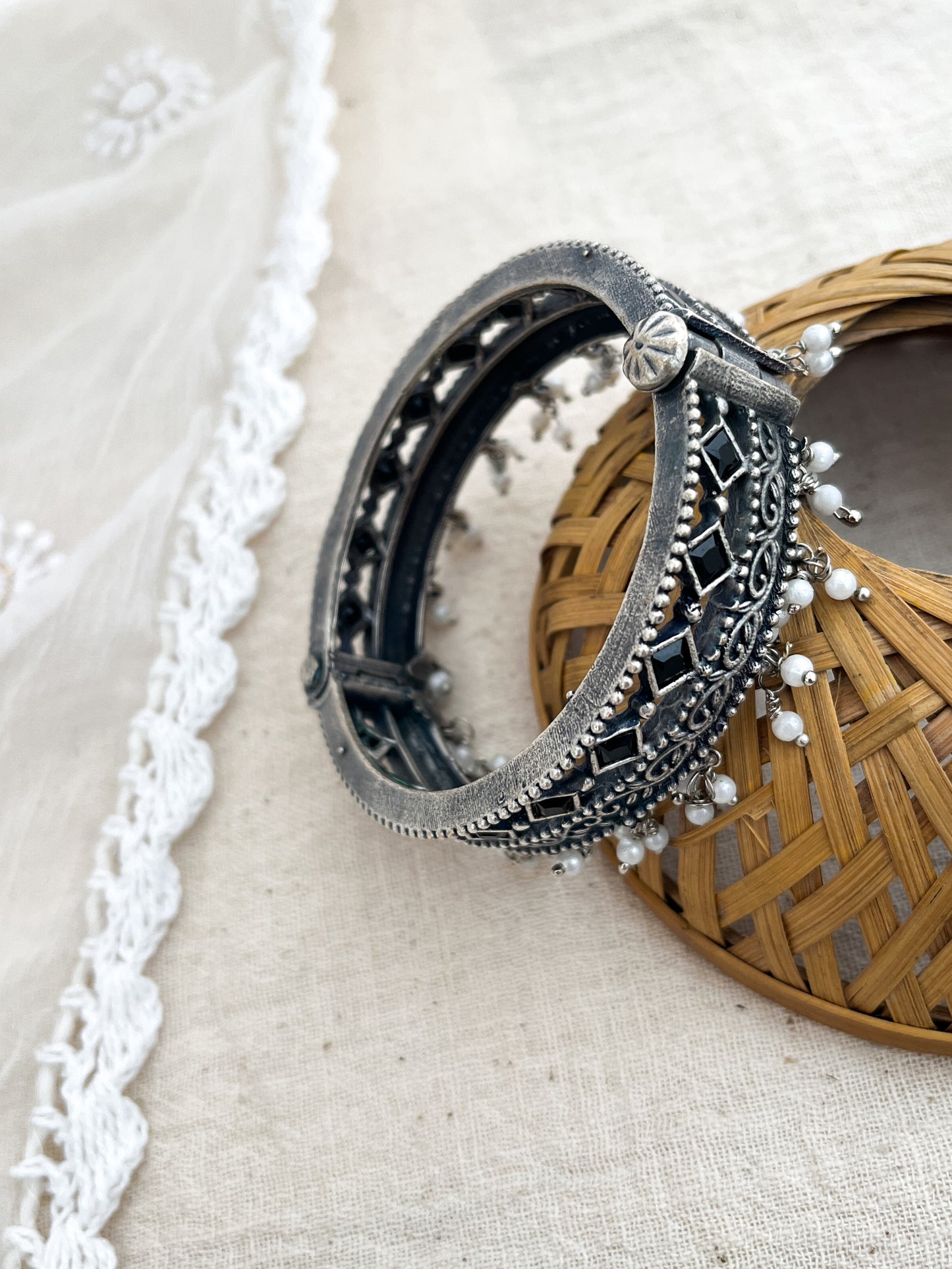 Kanya - German Silver Stone Moti Bangle Black