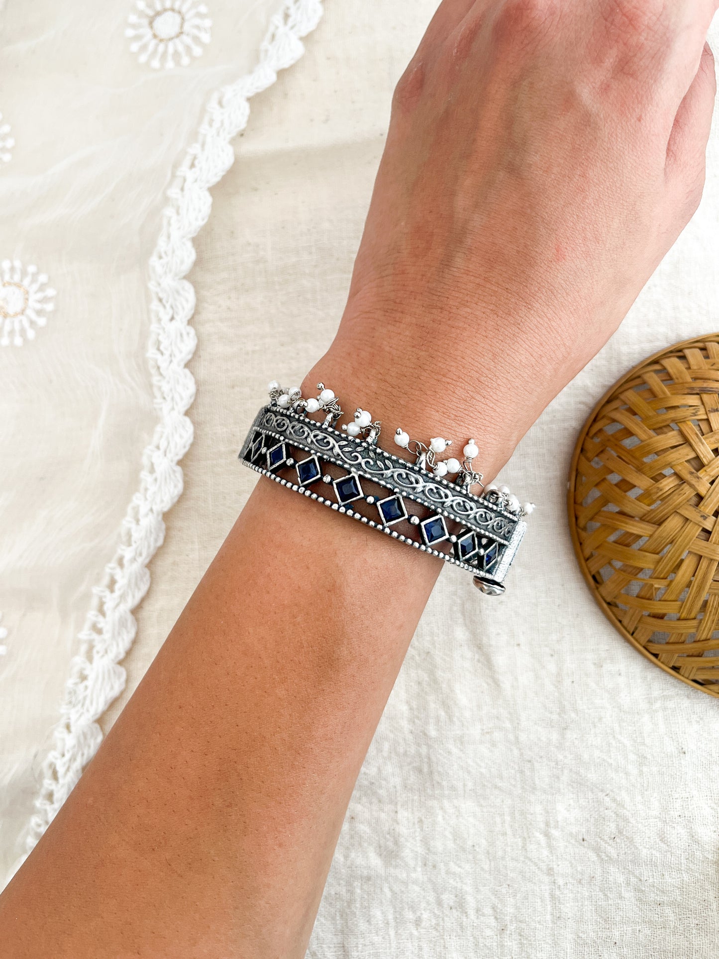 Kanya - German Silver Stone Moti Bangle Blue