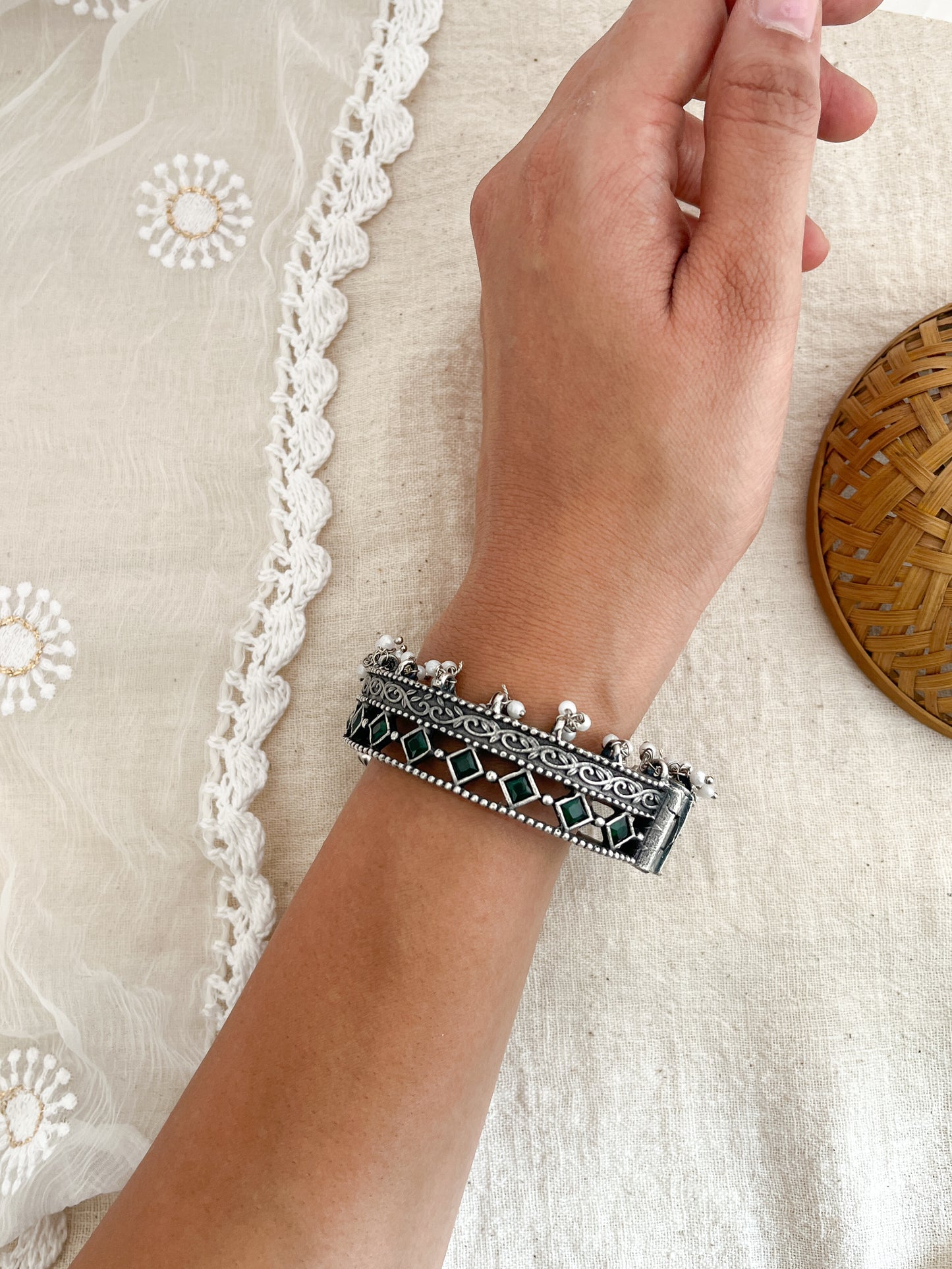 Kanya - German Silver Stone Moti Bangle Green