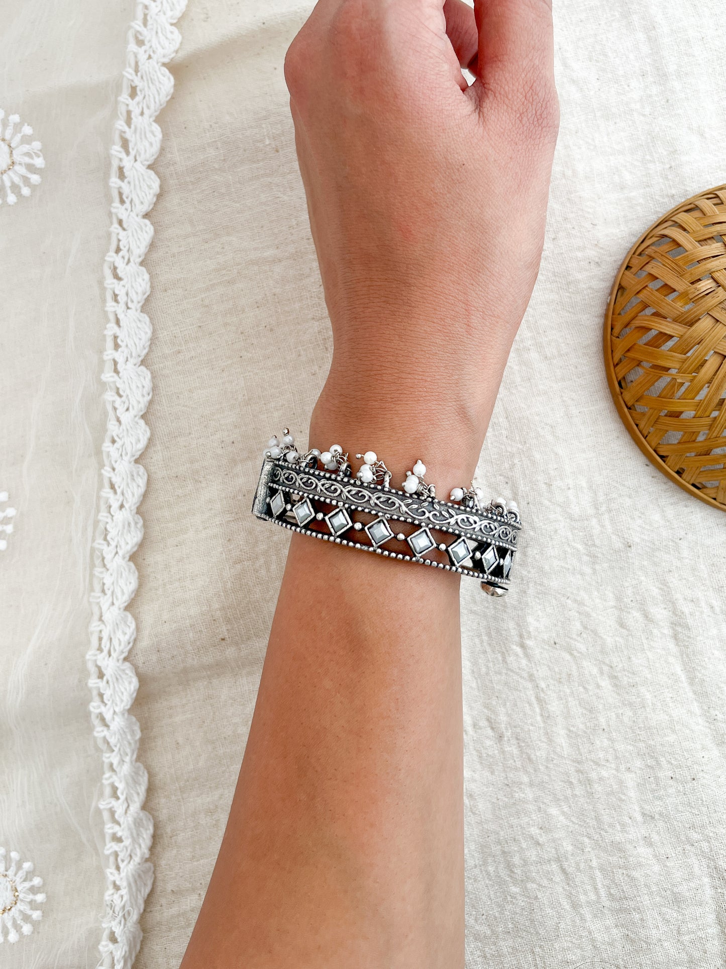 Kanya - German Silver Stone Moti Bangle White