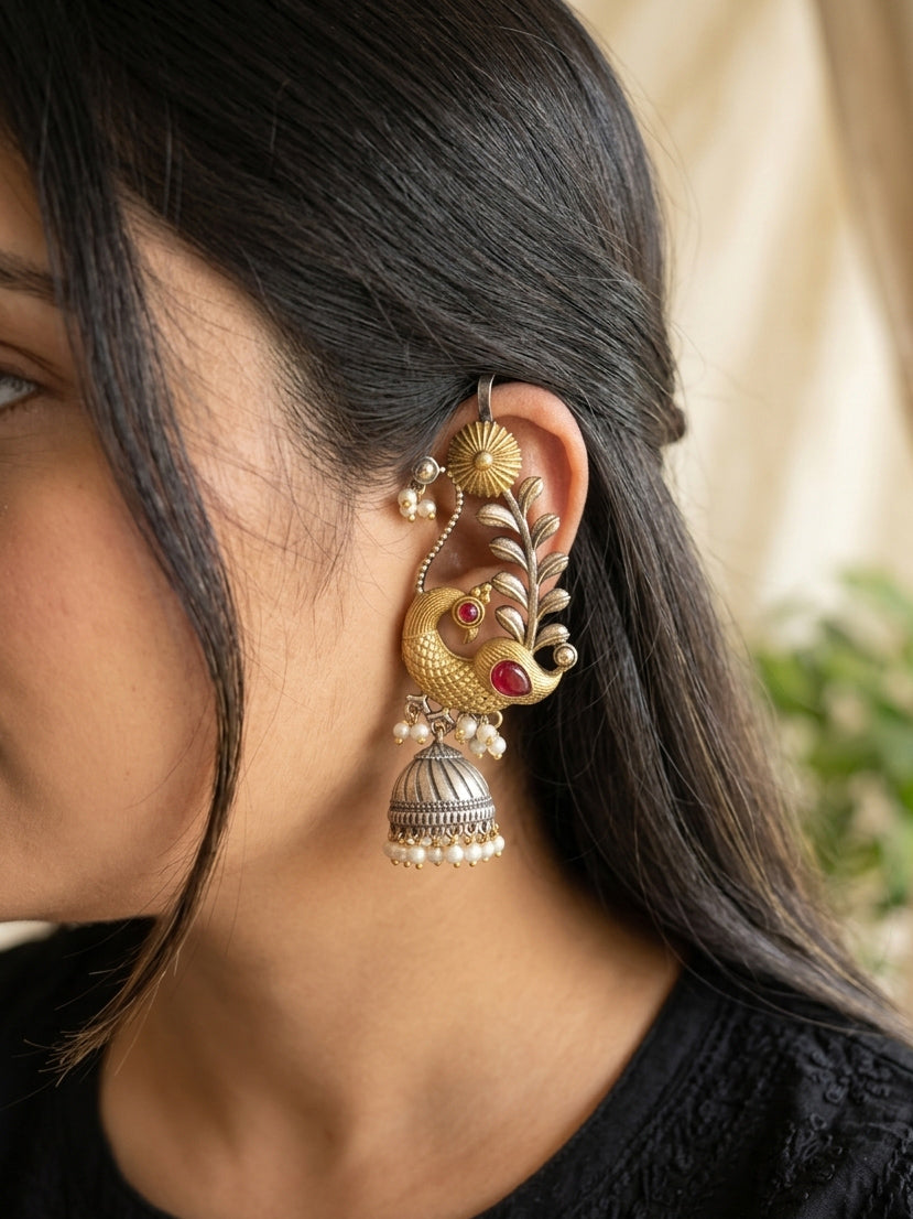 MORNI- German Silver Dual Tone Full Coverage Peacock Earcuff Jumka