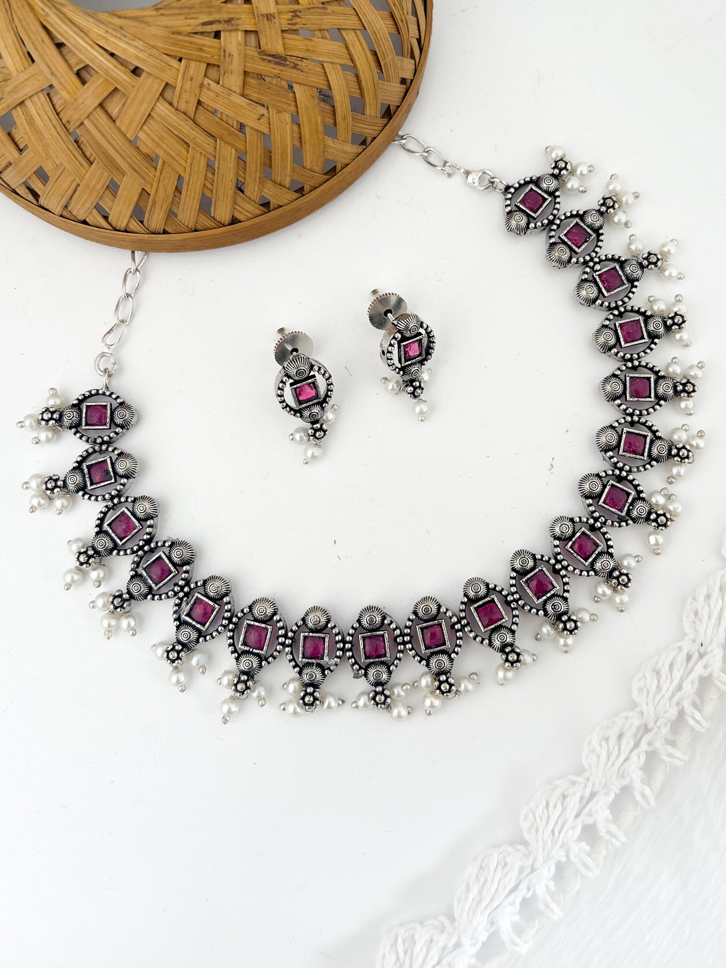 MADHURI- Brass Neckpiece With Pink Monalisa Stones