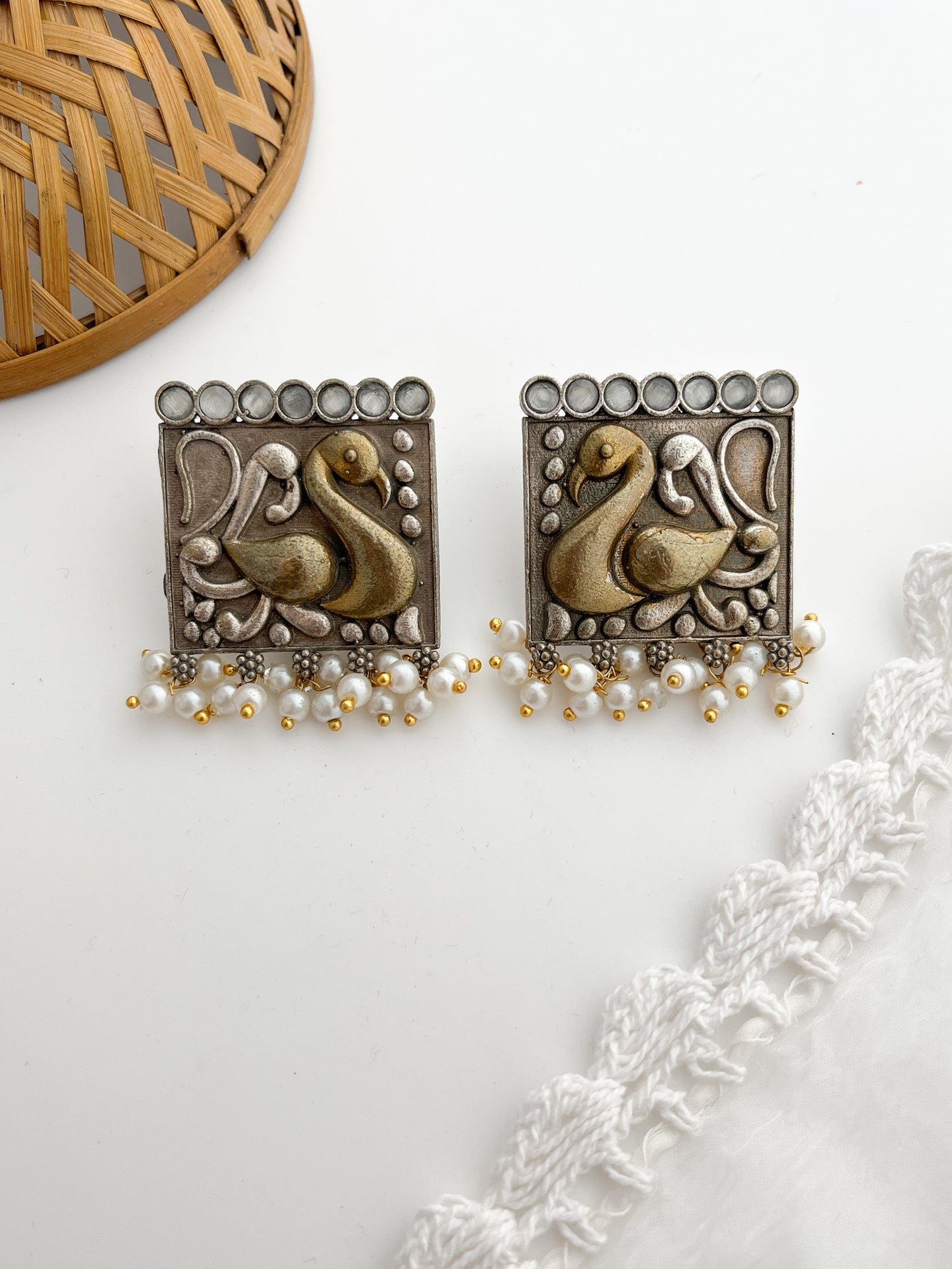 Mor- Dual Tone Silver Oxidized Square Studs
