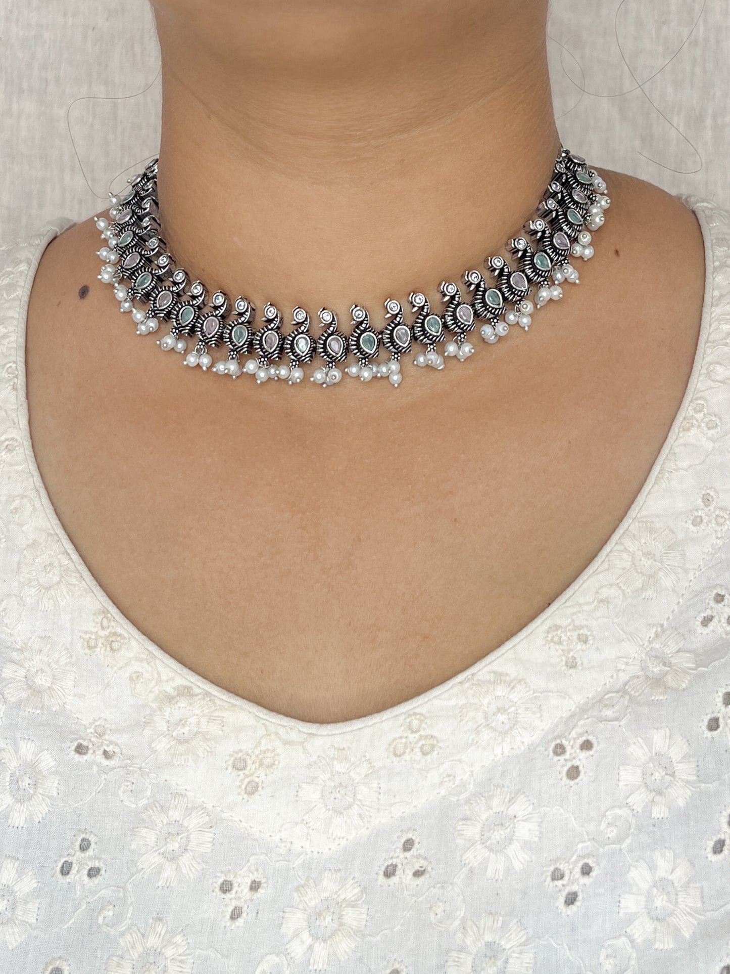 Mor Silver Oxidized Necklace Chocker Pastel