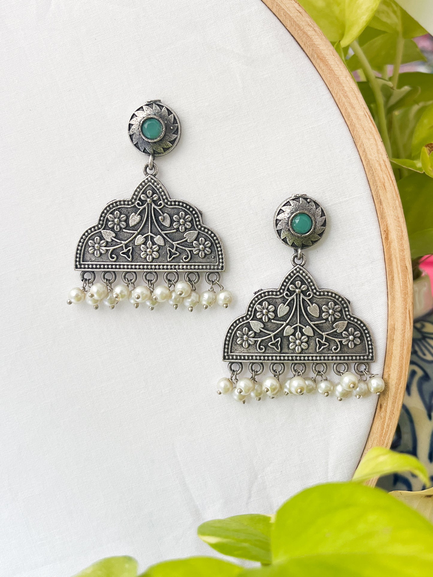 Mridhini - Silver Oxidised Danglers Light Blue Stone