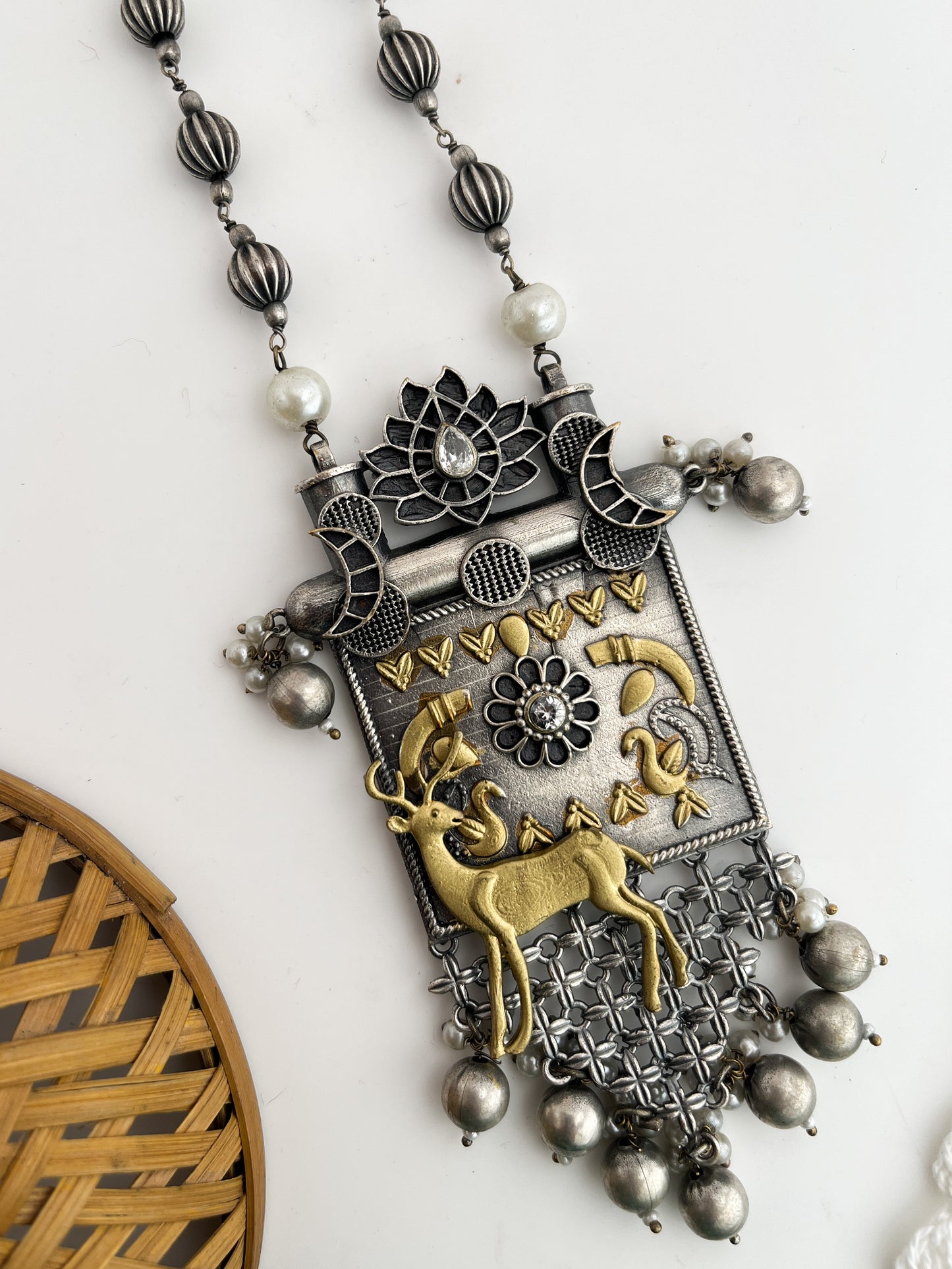 Mrugha - Silver Oxidized Dual Tone Deer Pendent Moti Mala Long Neckpiece