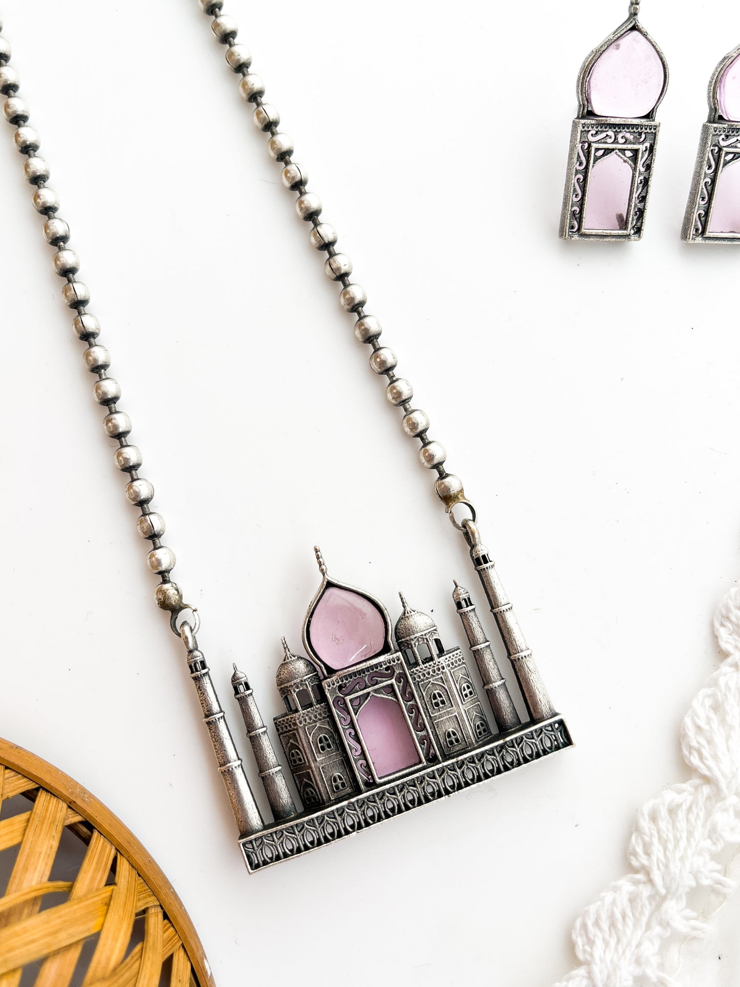 Mumtaz - Silver Oxidized Pink Stone Taj ong Neckpiece