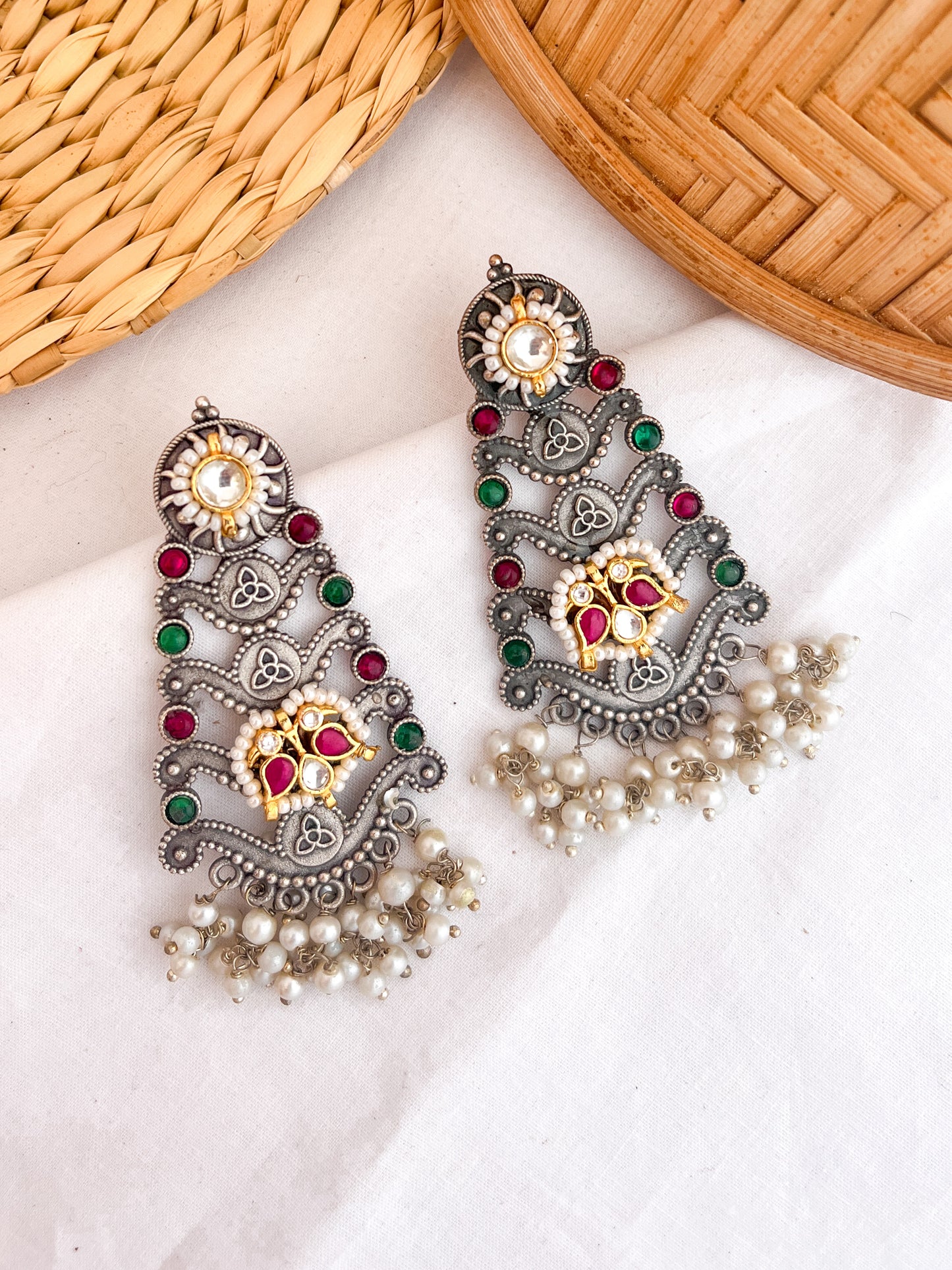 NAINA- German Silver Structured Dangler With Paachi Kundan Work Green Pink