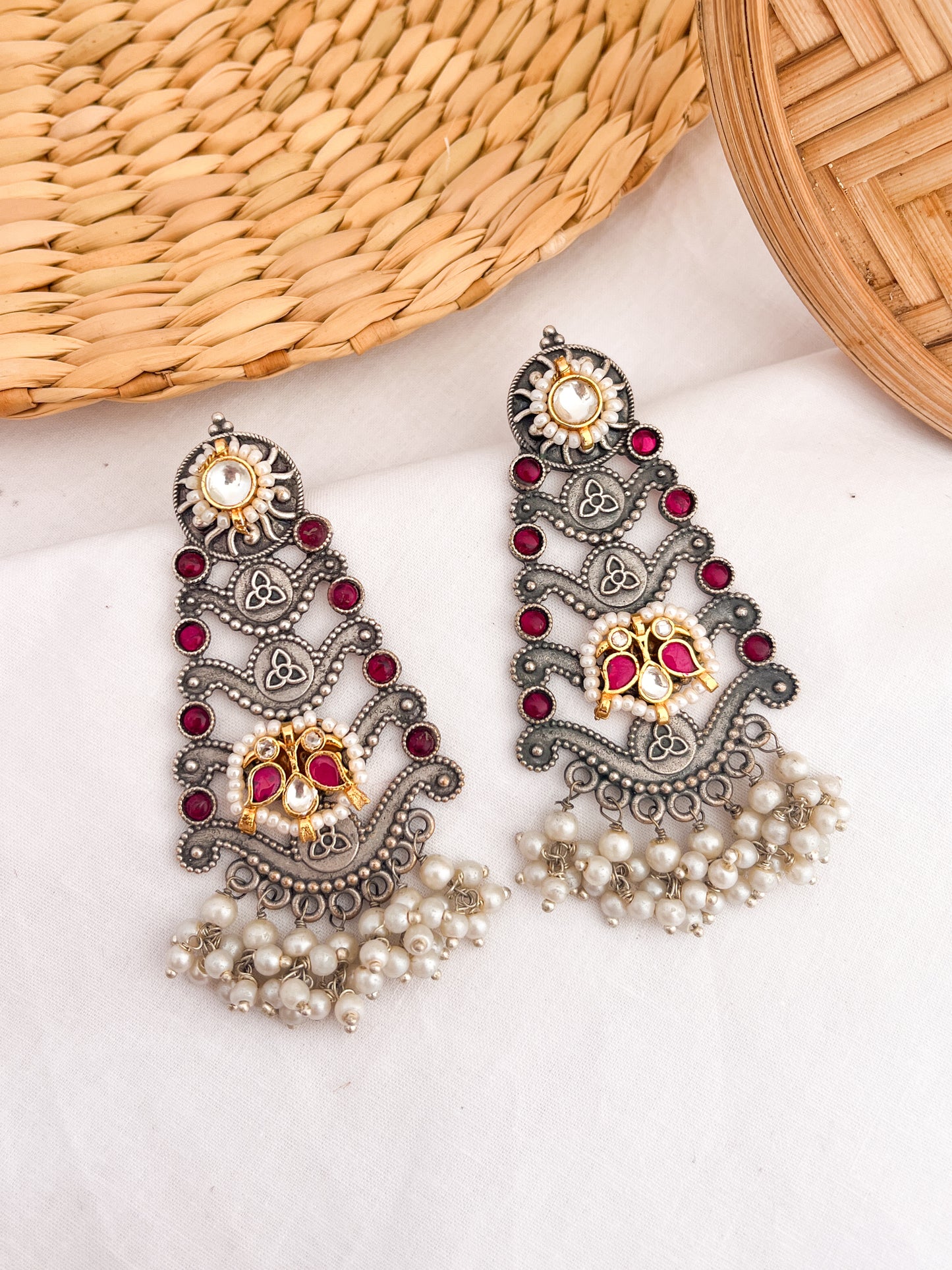 NAINA - German Silver Structured Dangler With Paachi Kundan Work Pink