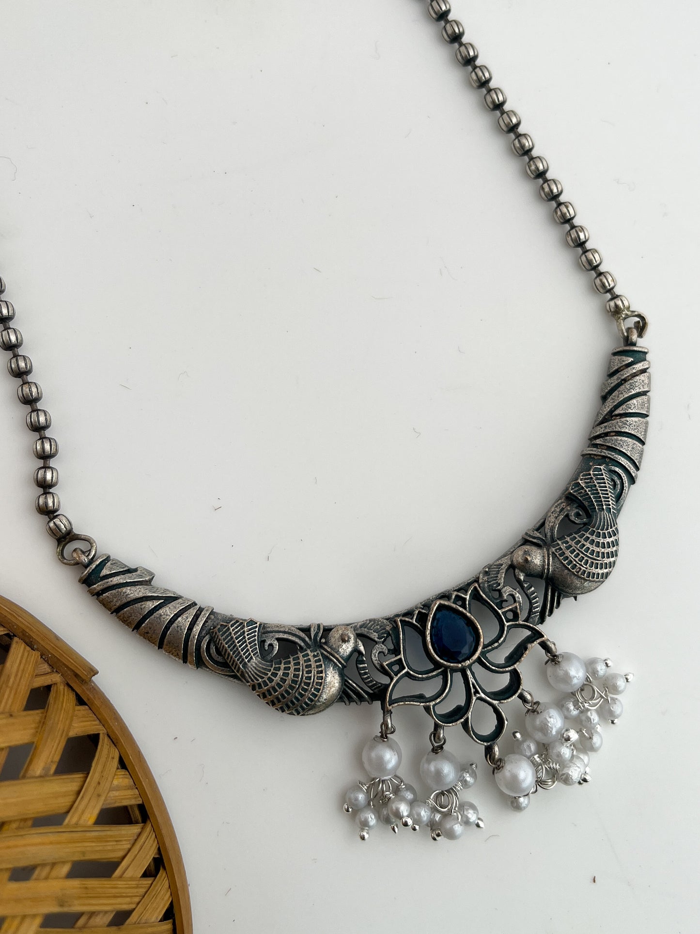 Nayantara - Silver Oxidised Bird Long Neckpiece Blue
