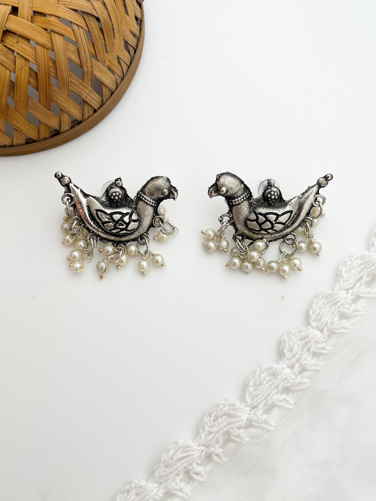 Panchi - German Silver Bird Moti Studs