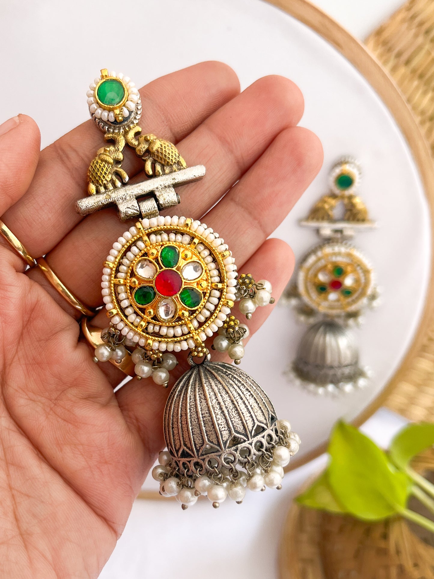 PARINITA - German Silver Dual Tone Jhumka With Beautiful Kundan Work Green