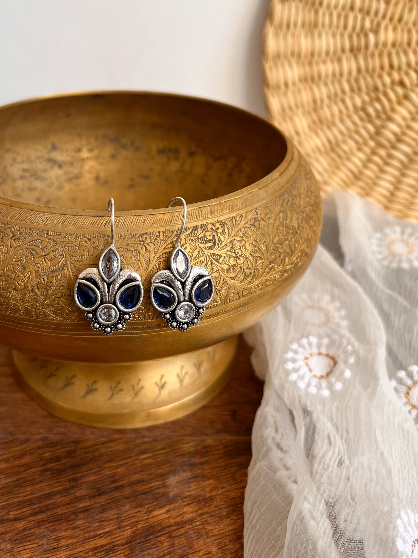 PIHU- German Silver Magenta Blue Stone Earrings
