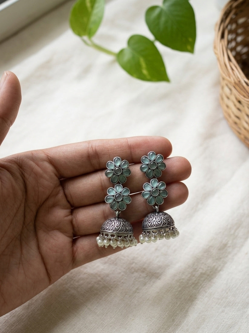 PRIYASI- German Silver Flower Stud Neckpiece With Earrings Light Blue