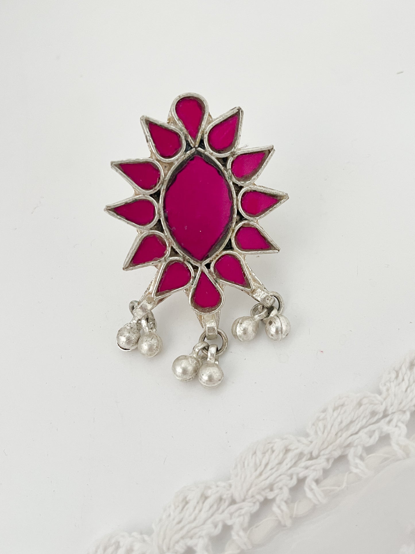 RADHA- Afghan Pink Glass White Metal Ghungroo Ring