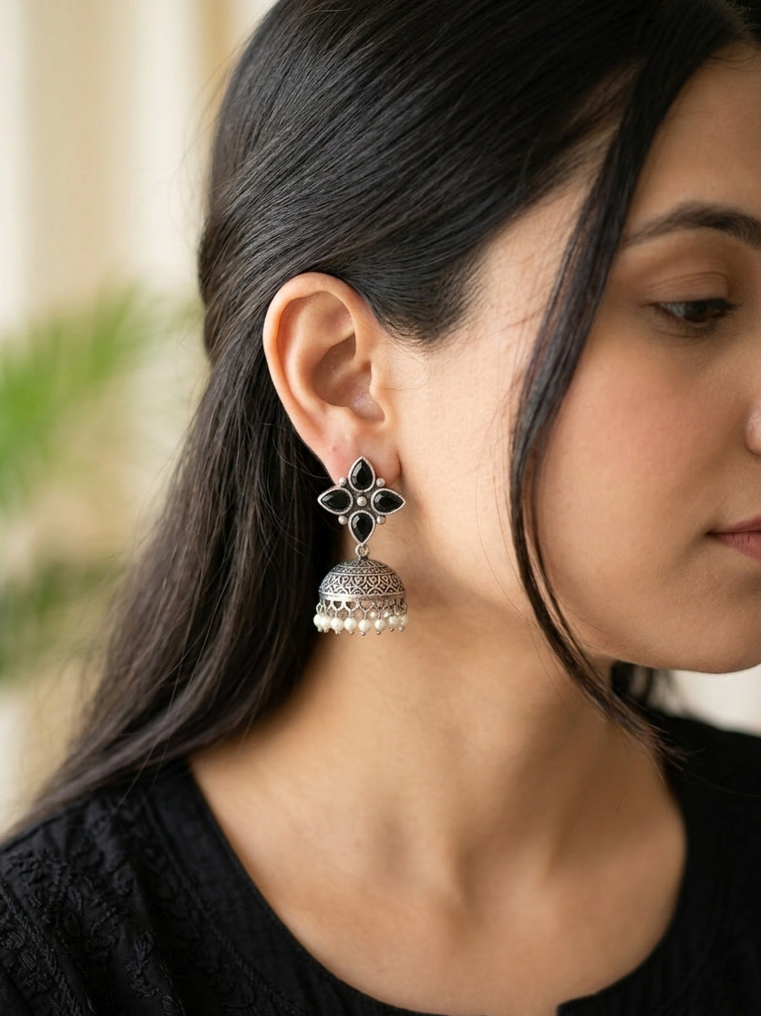ROZANA - German Silver Stud Jhumka Black