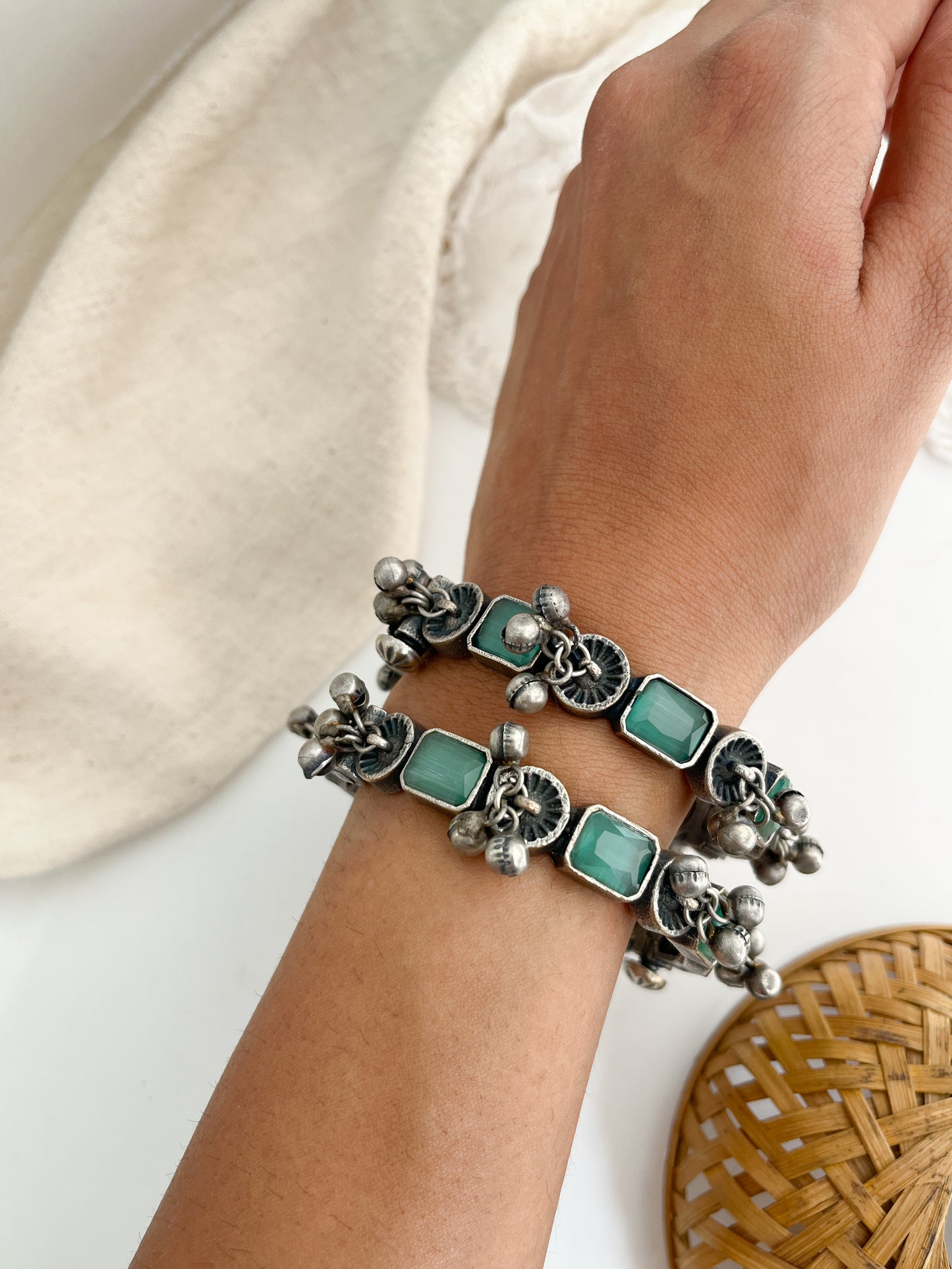 Rupali-Silver With Blue Stone Oxidized Kada Bangles