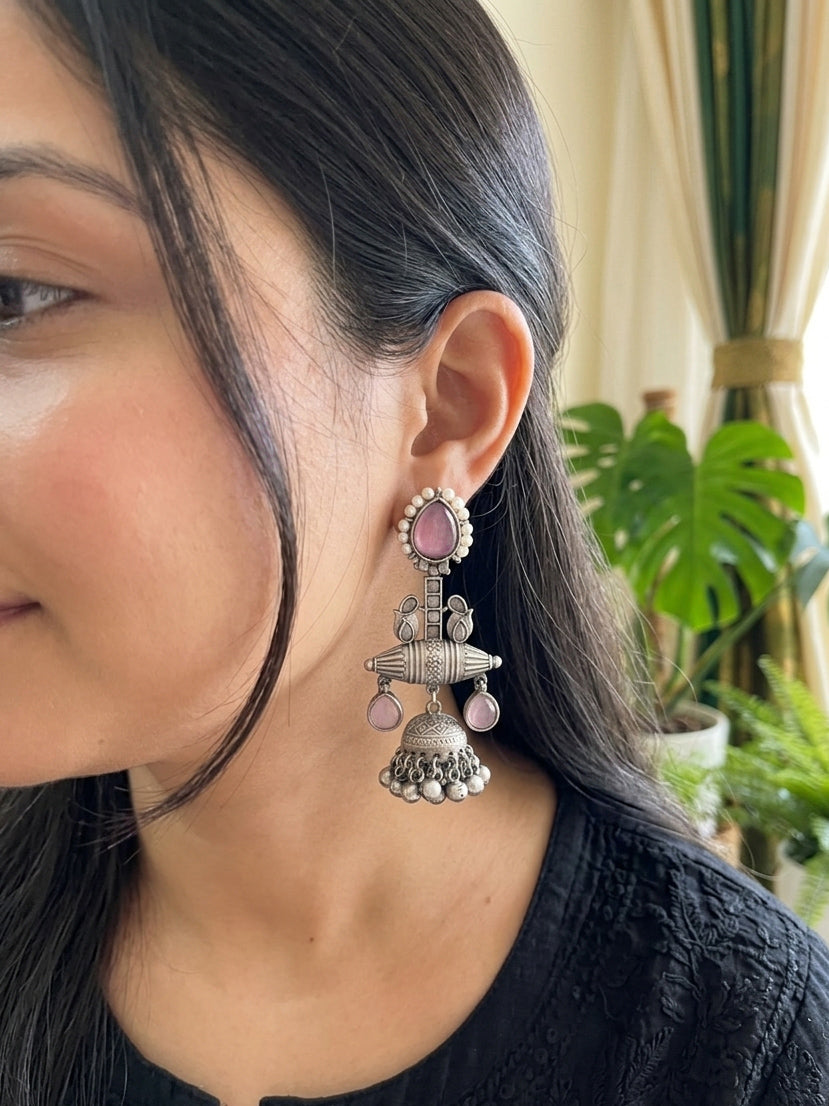 SARASWI- Detailed German Silver Jhumka Baby Pink