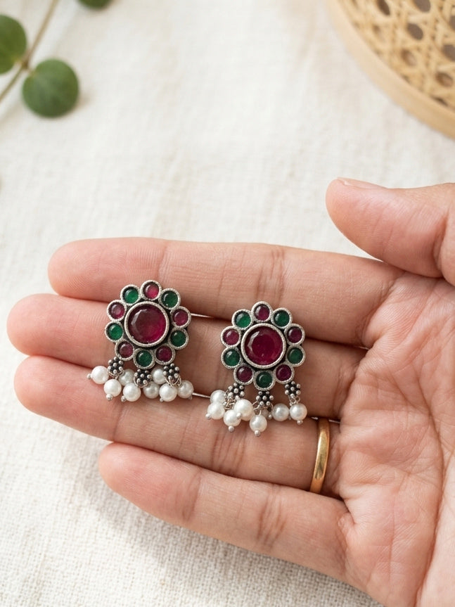 SHUBHA - German Silver Chocker With Earrings Green Red