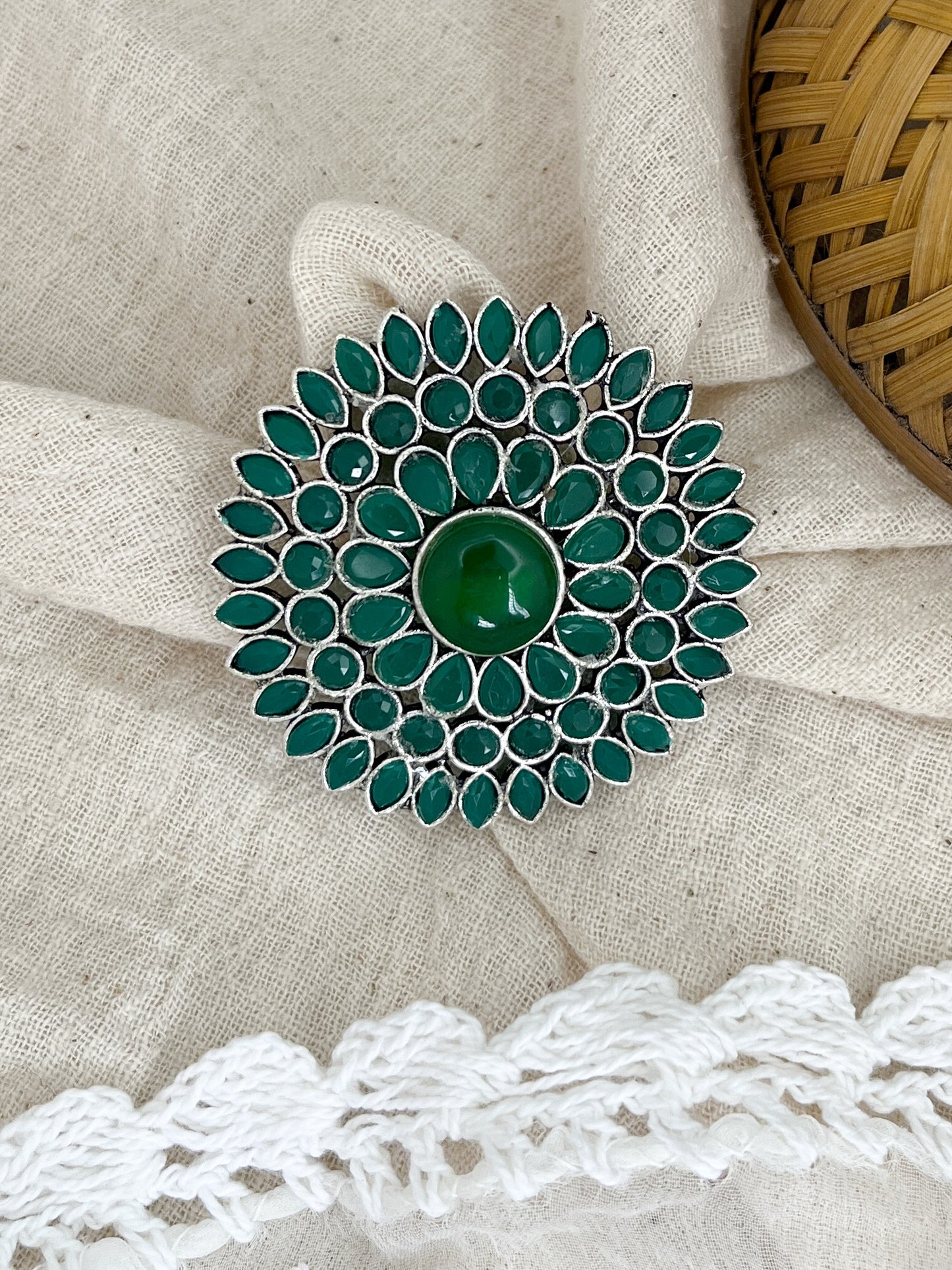 Surya Phool Green Stone Silver Oxidised Ring